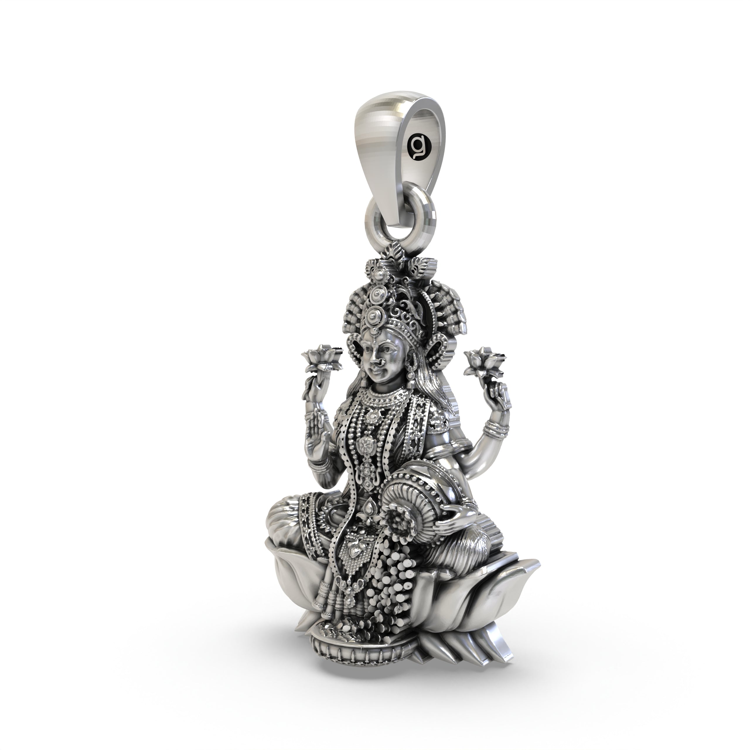 925 Sterling Silver Lakshmi Pendant — Goddess Mahalakshmi on Lotus with Blessing Mudra & Coin Pot, Handmade Temple Jewellery Secondary image