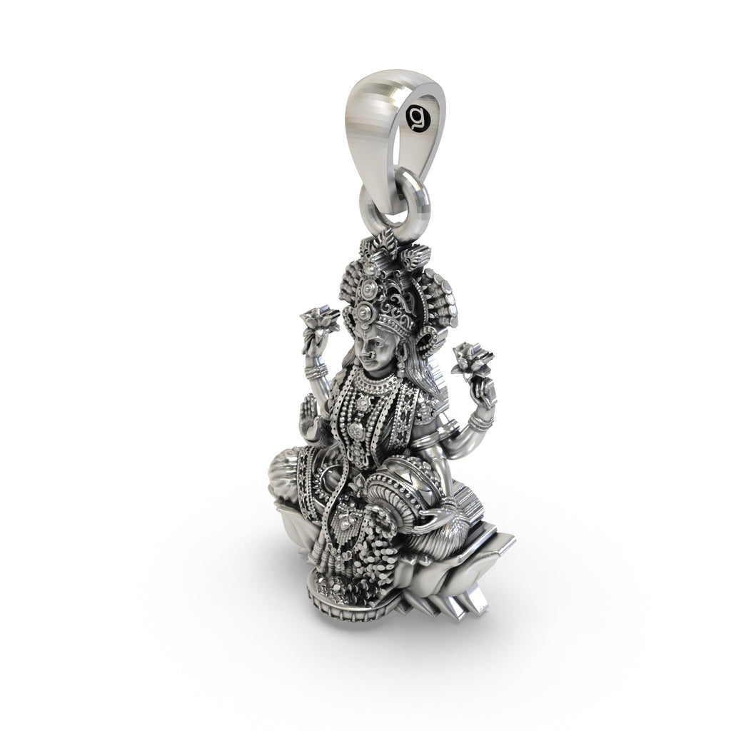 Side profile of the lightweight 925 silver Goddess Lakshmi pendant perfect for daily wear and gifting.