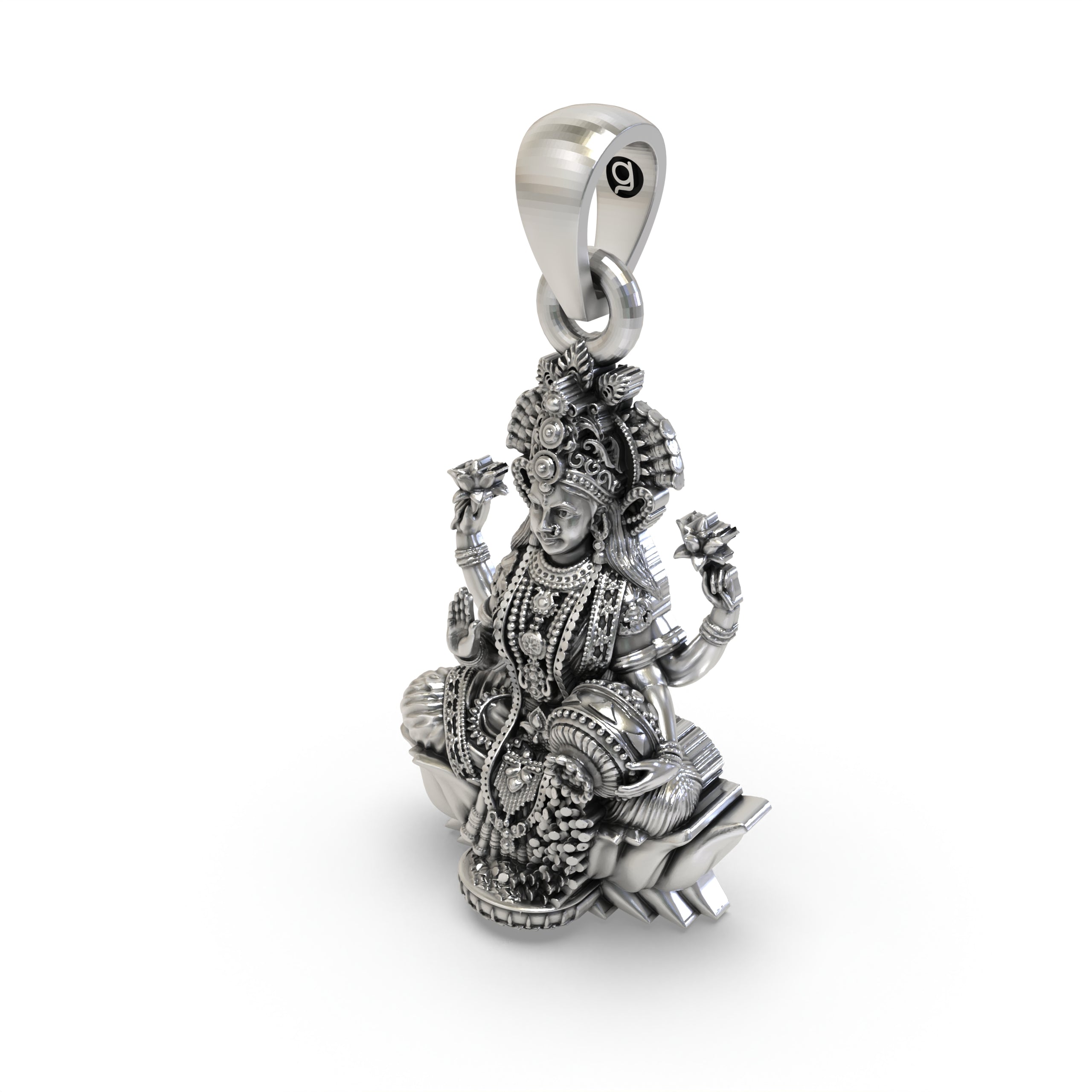 Side profile of the lightweight 925 silver Goddess Lakshmi pendant perfect for daily wear and gifting.