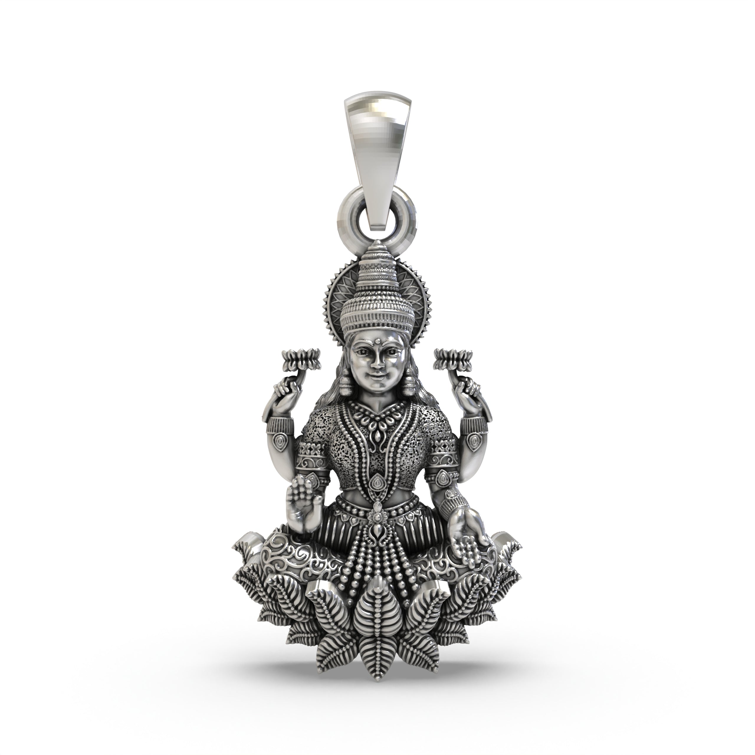 Front view of the 925 silver Lakshmi pendant showing the Goddess seated on a blooming lotus. Main image