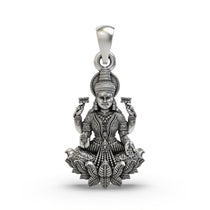 Front view of the 925 silver Lakshmi pendant showing the Goddess seated on a blooming lotus.