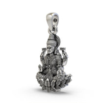 Close-up detail of the oxidized 925 sterling silver Mahalakshmi temple jewellery pendant.
