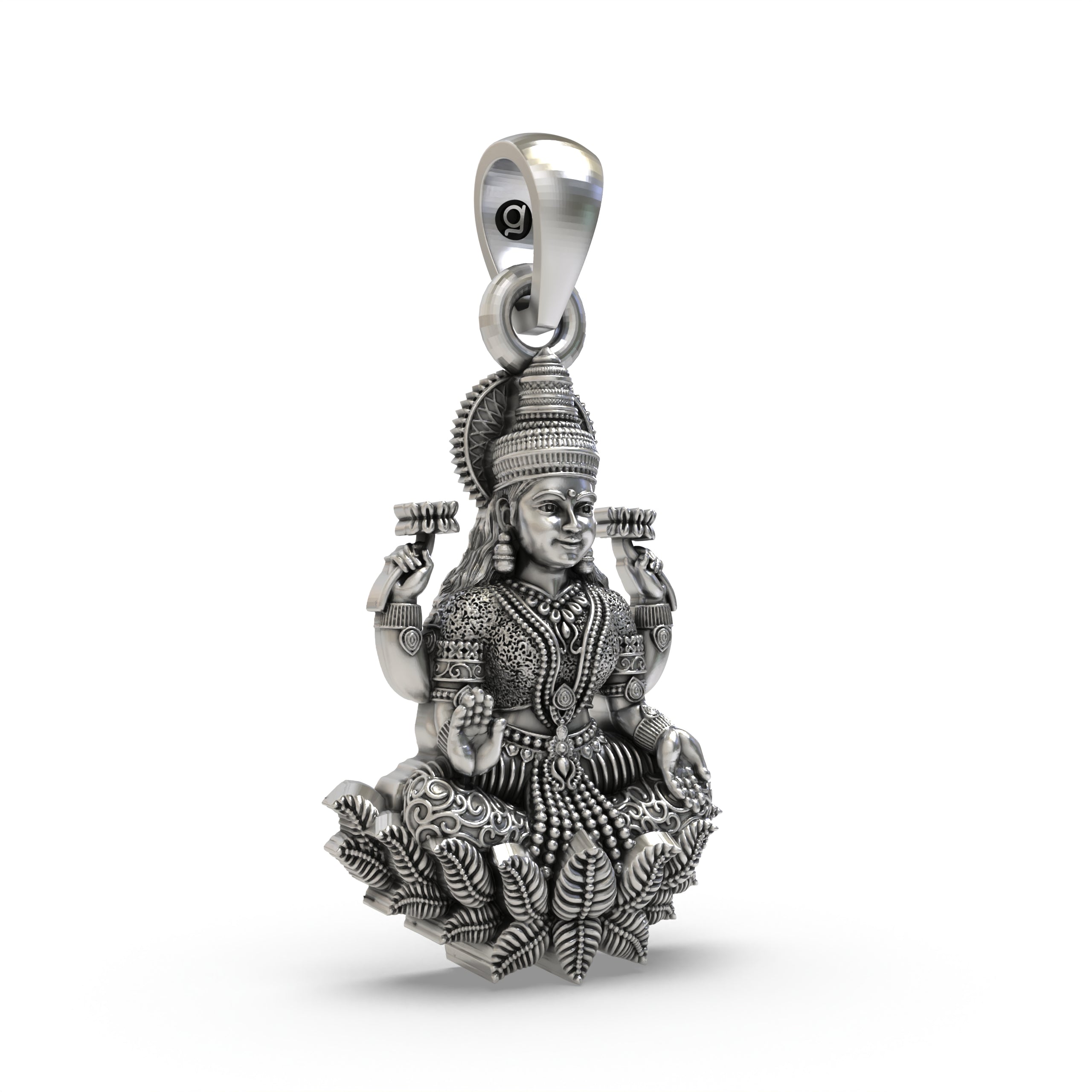 Side profile of the handcrafted silver Goddess Lakshmi pendant highlighting the intricate design.