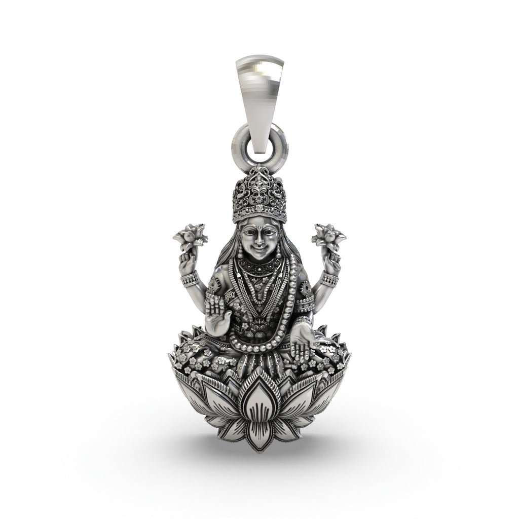 Front view of the 925 silver Mahalakshmi pendant showing the goddess on a lotus.