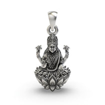 Front view of the 925 silver Mahalakshmi pendant showing the goddess on a lotus.