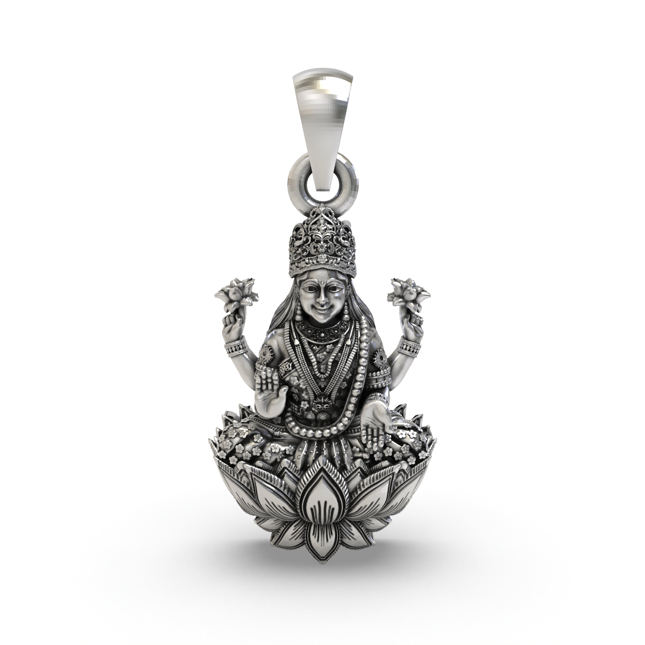 Front view of the 925 silver Mahalakshmi pendant showing the goddess on a lotus.