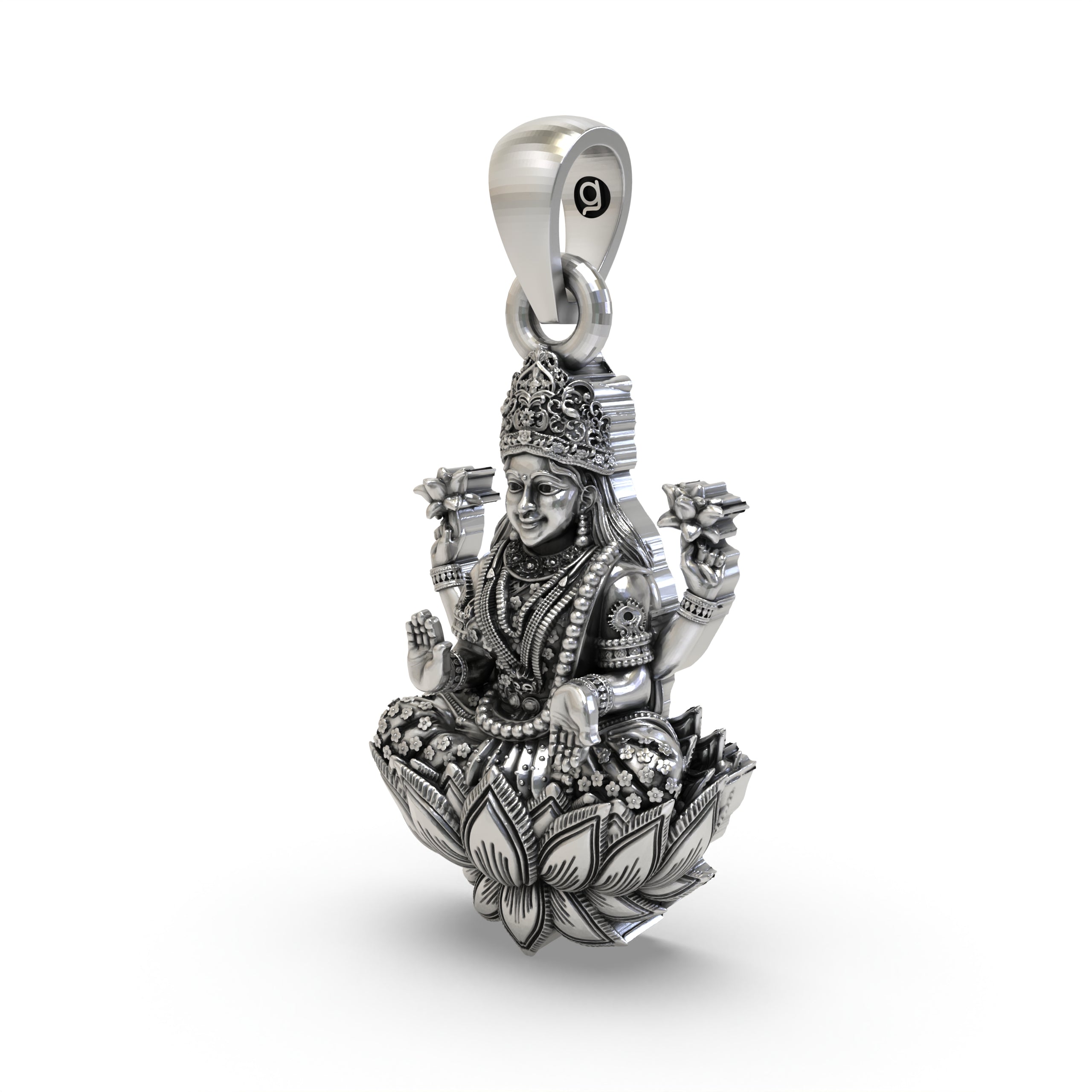 Close-up of the sterling silver Lakshmi pendant highlighting the blessing mudra.