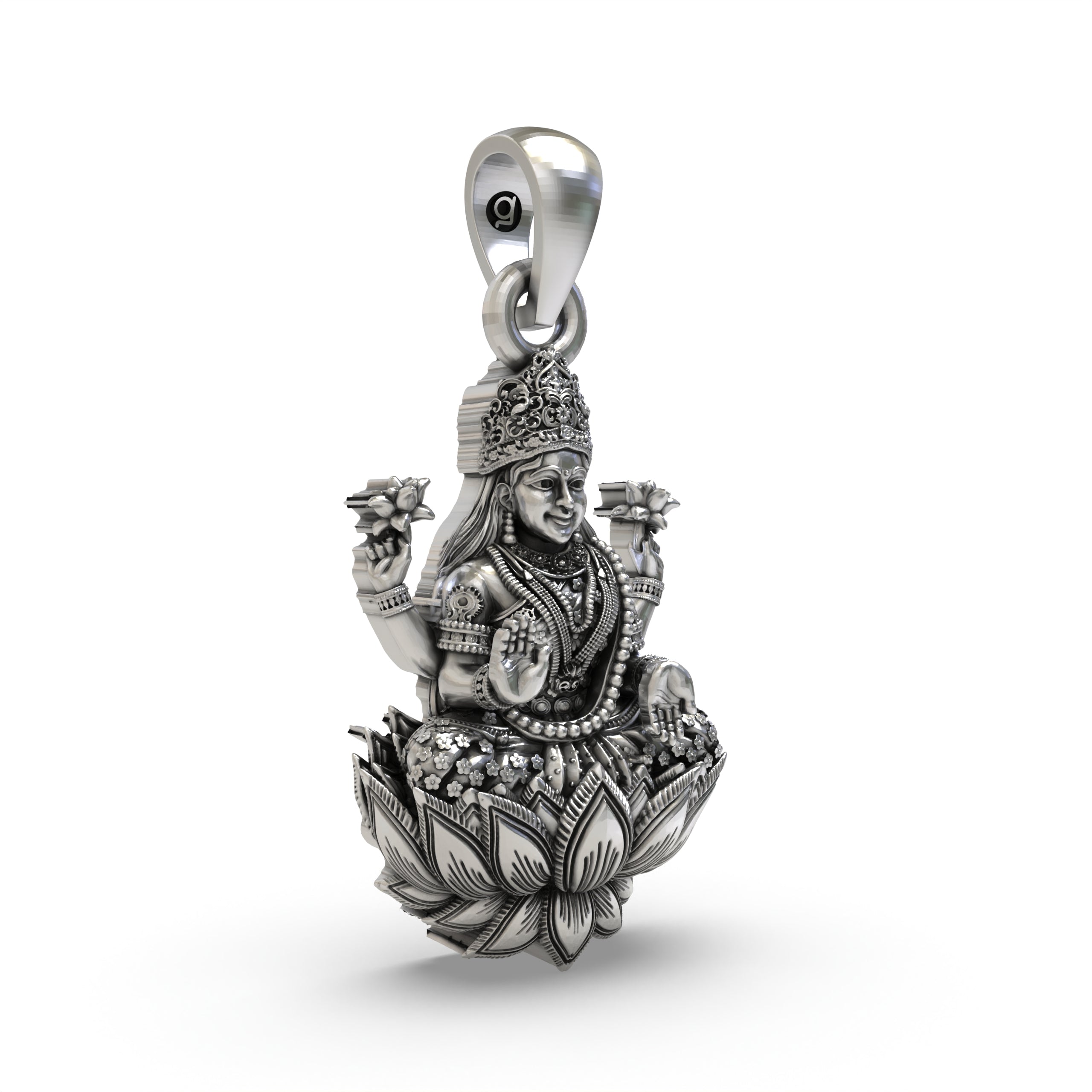 Detailed temple craftsmanship on the 925 silver Goddess Mahalakshmi pendant.