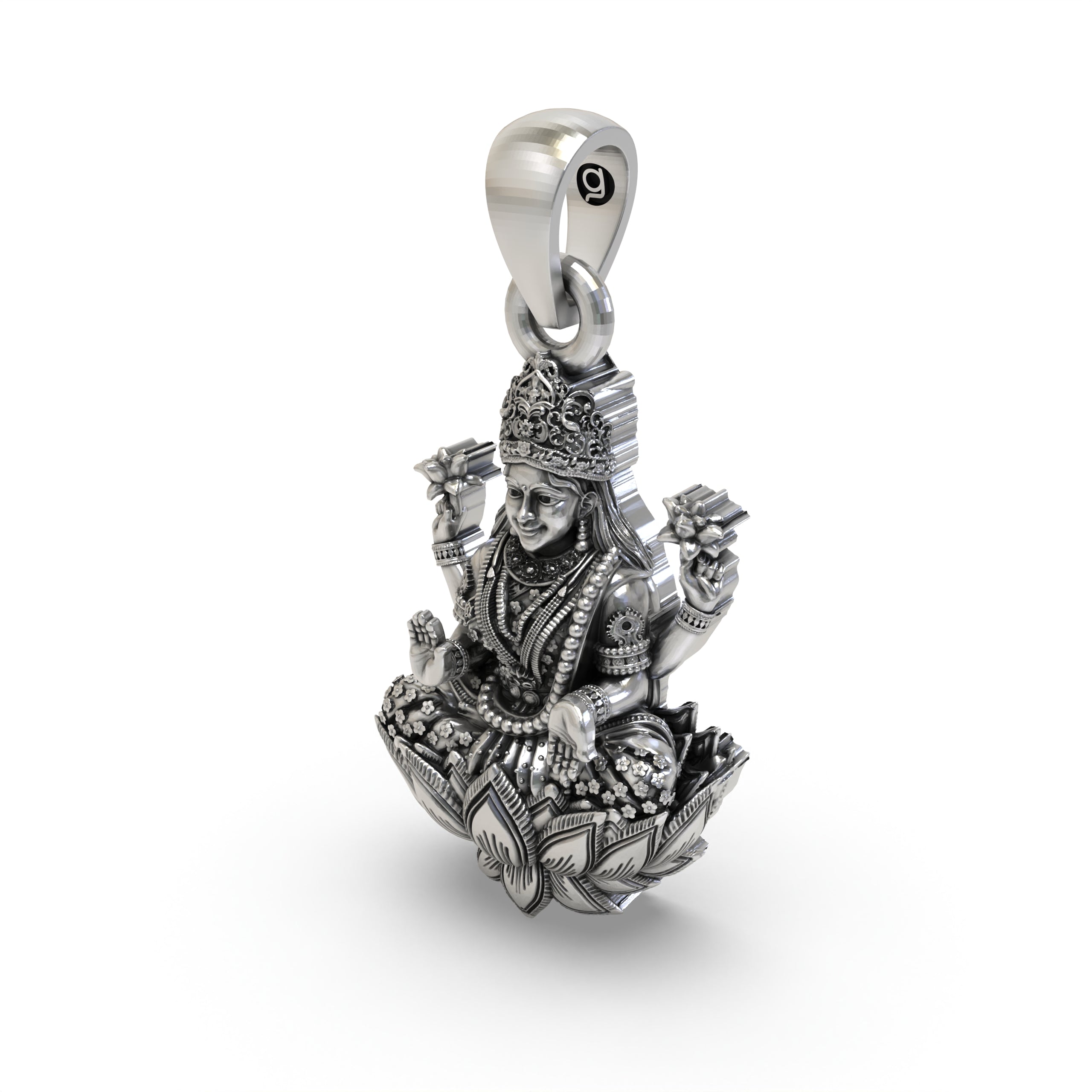 Side angle of the handcrafted silver Lakshmi pendant featuring blooming lotuses.