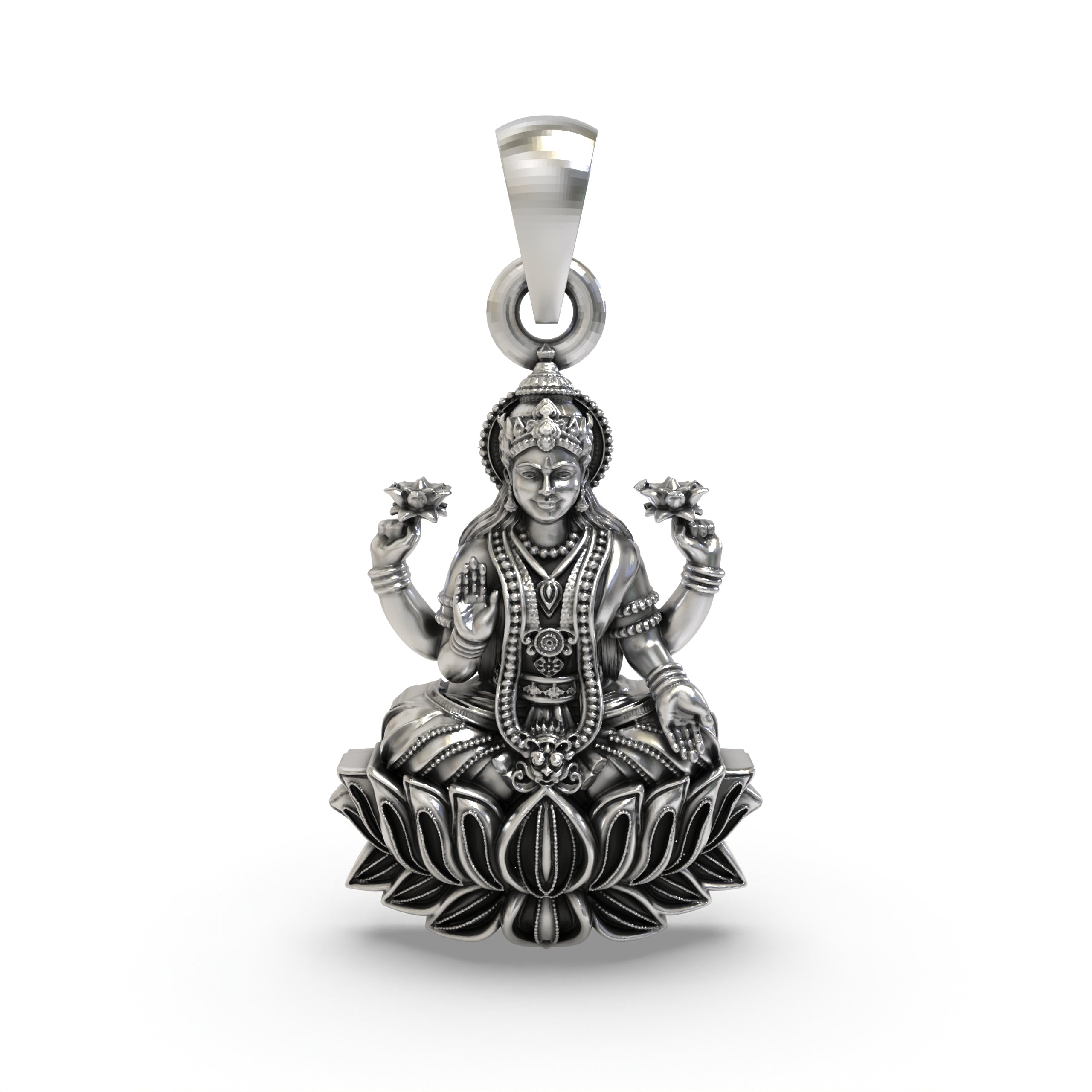 Front view of the 925 sterling silver Mahalakshmi pendant featuring intricate temple jewelry details. Main image