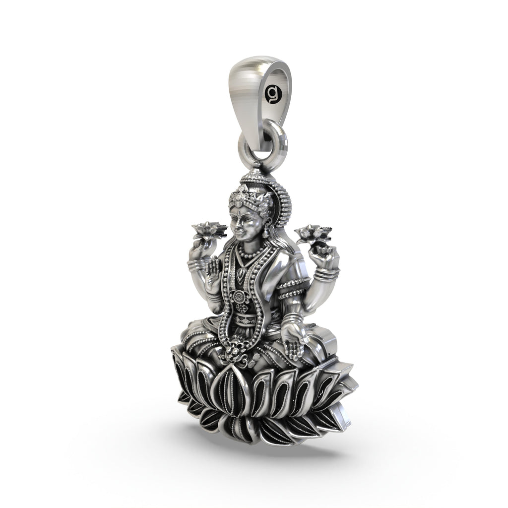 Close-up of Goddess Lakshmi on a lotus in this handcrafted 925 silver temple pendant by Alankar.