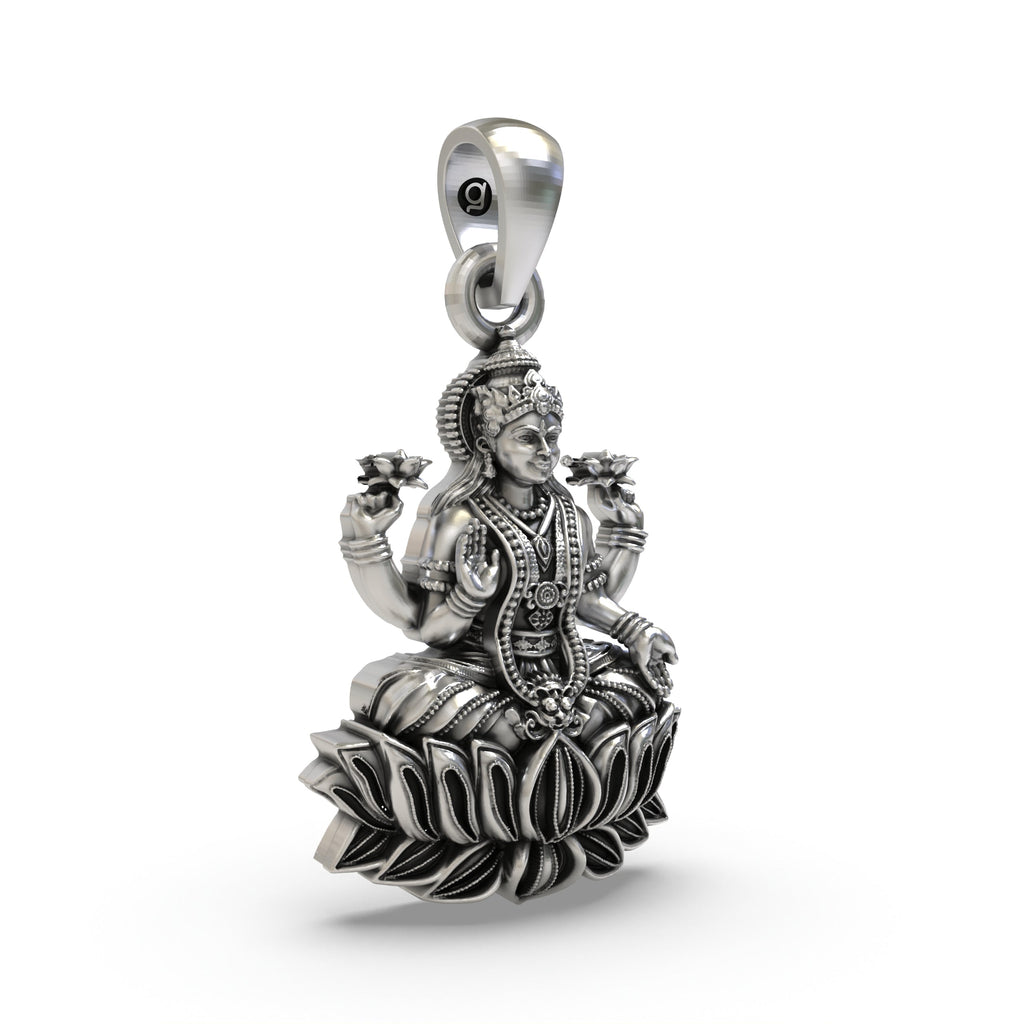 Detailed view highlighting the blessing mudra of the 925 silver Mahalakshmi temple jewelry pendant.