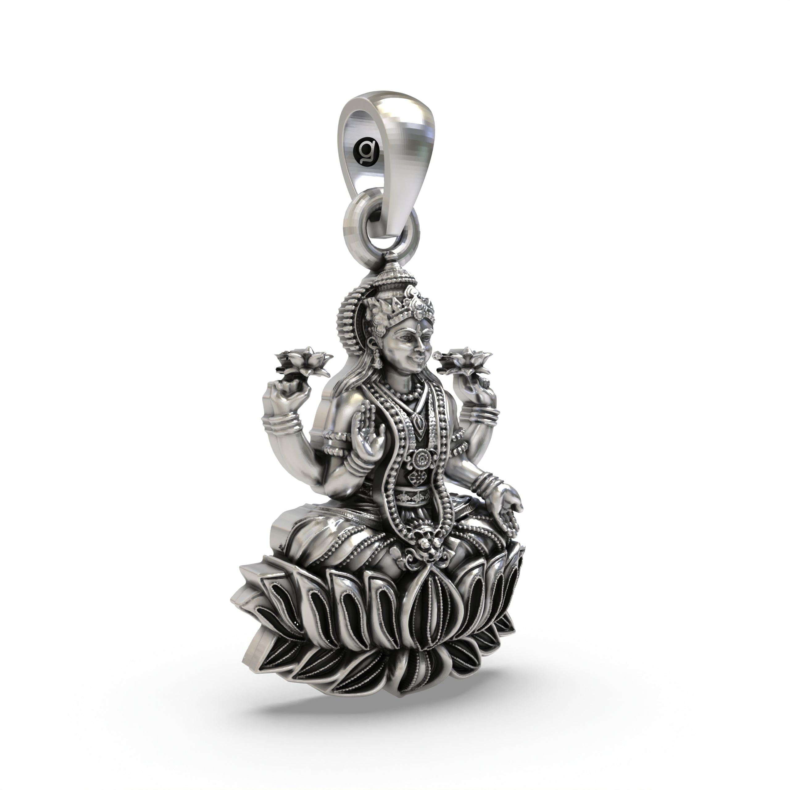 Detailed view highlighting the blessing mudra of the 925 silver Mahalakshmi temple jewelry pendant.