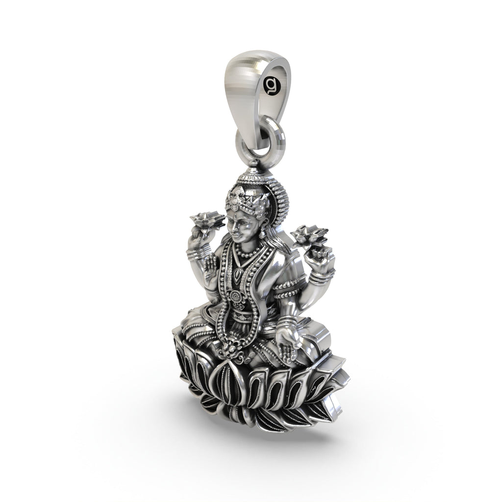 Angled side profile of the authentic 925 sterling silver Lakshmi pendant, perfect for festive wear.