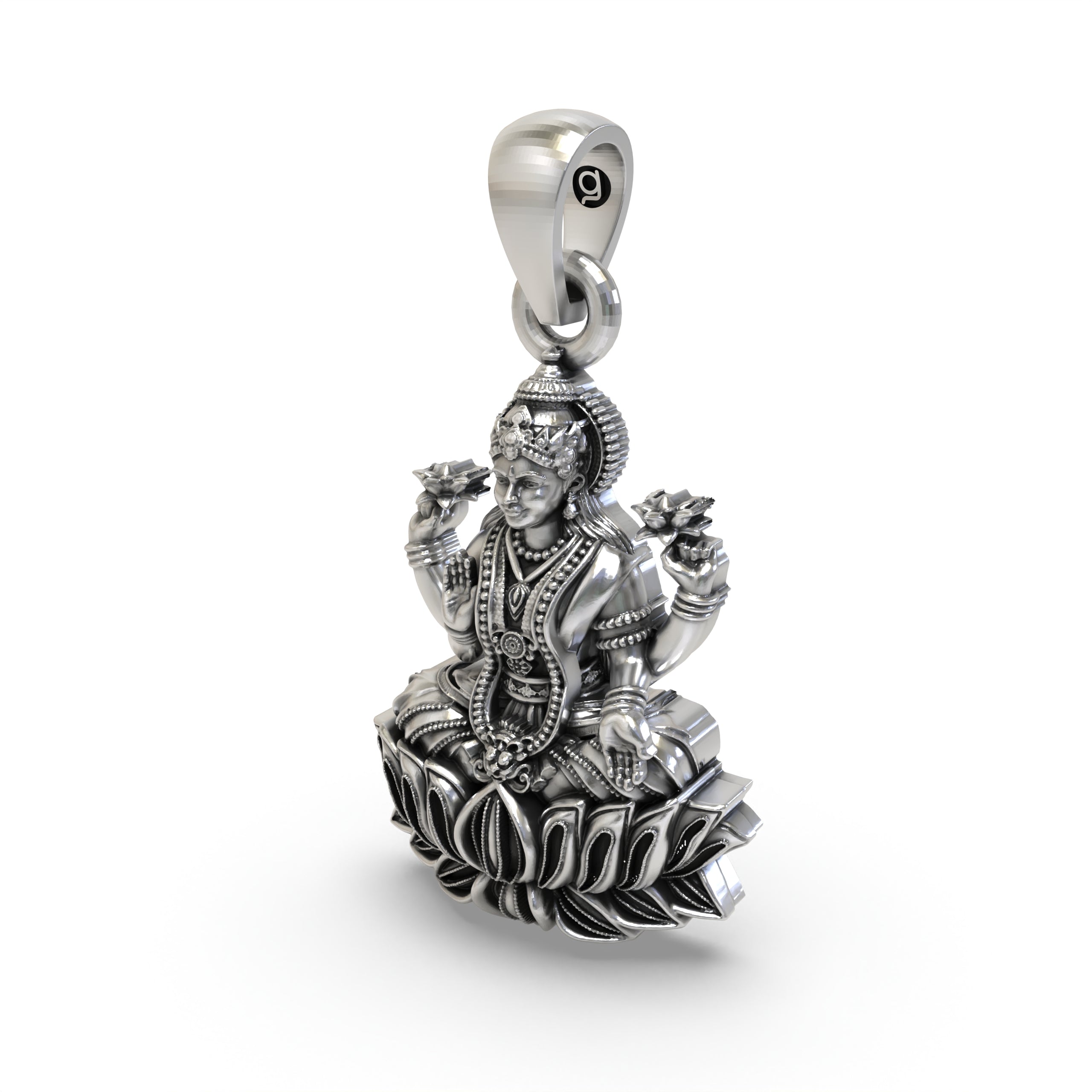Angled side profile of the authentic 925 sterling silver Lakshmi pendant, perfect for festive wear.
