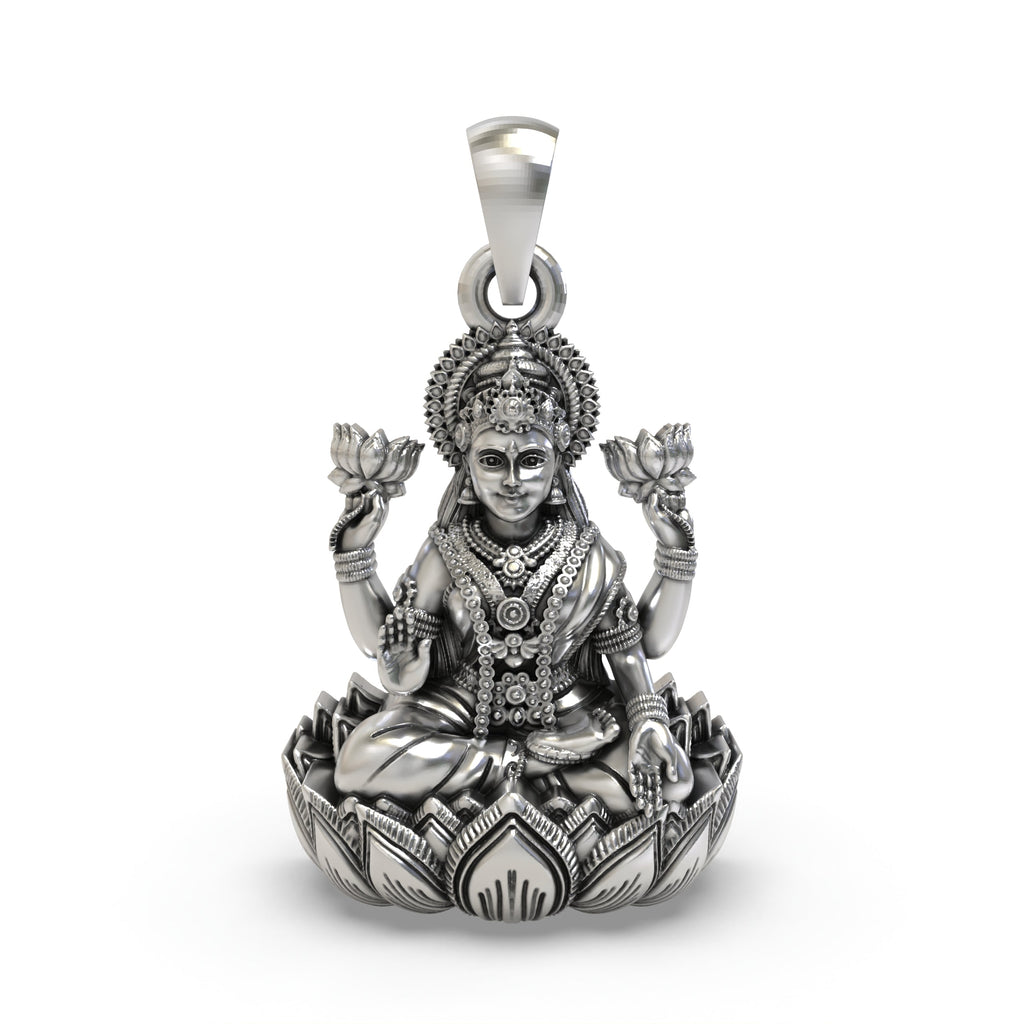 Front view of the 925 Sterling Silver Lakshmi Pendant showing the goddess on a lotus.