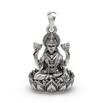 Front view of the 925 Sterling Silver Lakshmi Pendant showing the goddess on a lotus.