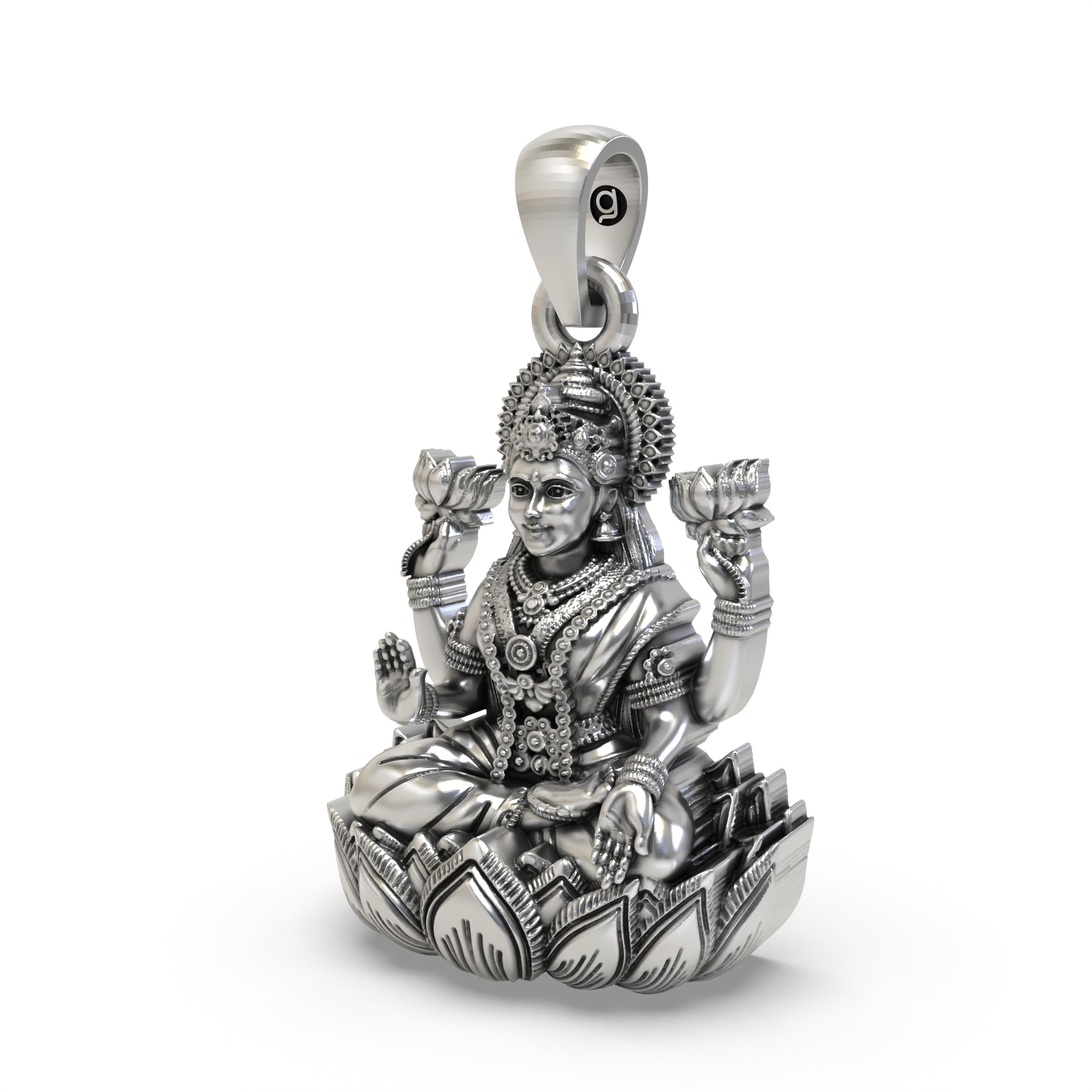 925 Sterling Silver Lakshmi Pendant — Goddess Mahalakshmi on Lotus with Blessing Mudra & Lotus Flowers, Handmade Temple Jewellery Secondary image