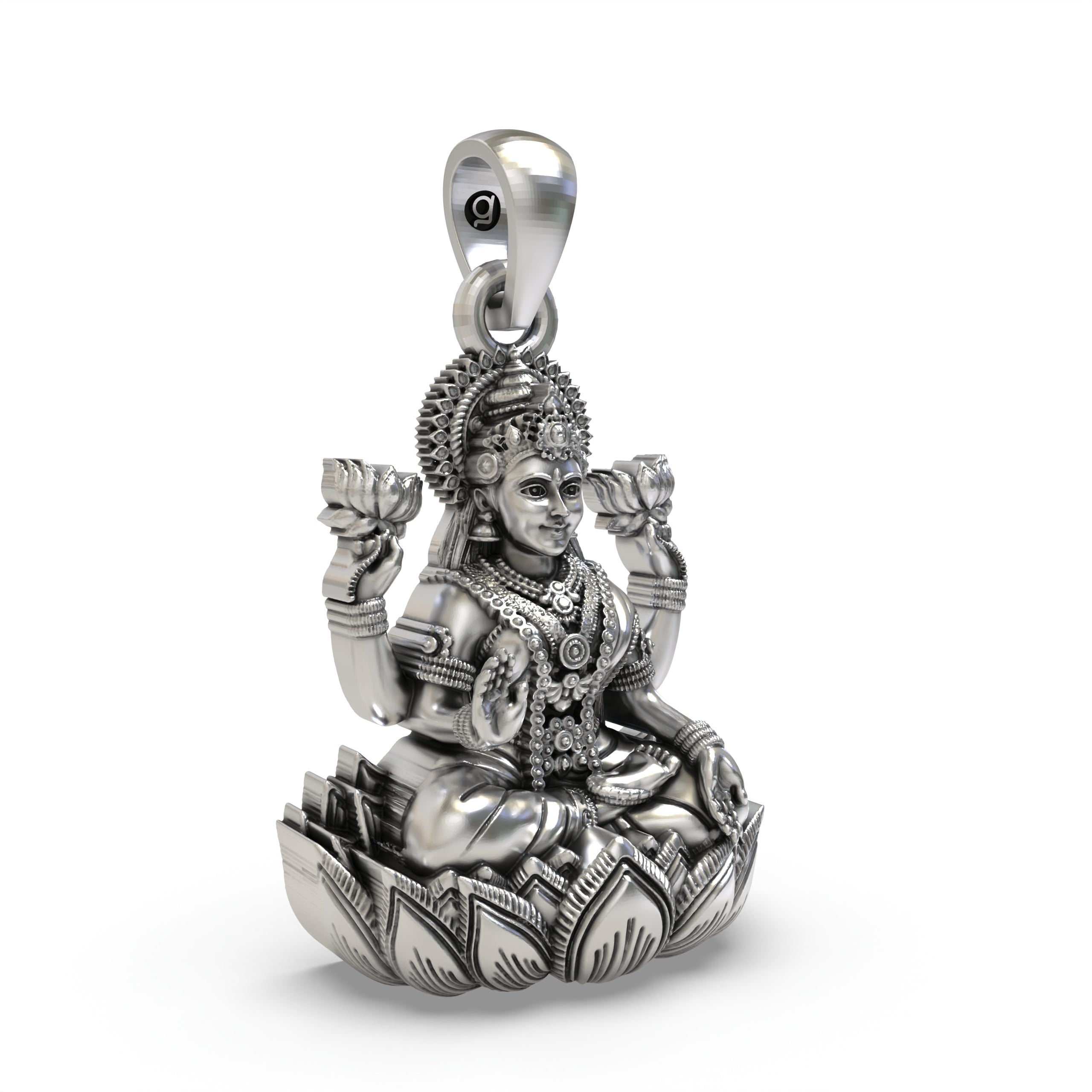 Angled view of the handcrafted silver temple jewelry Lakshmi pendant for daily wear.