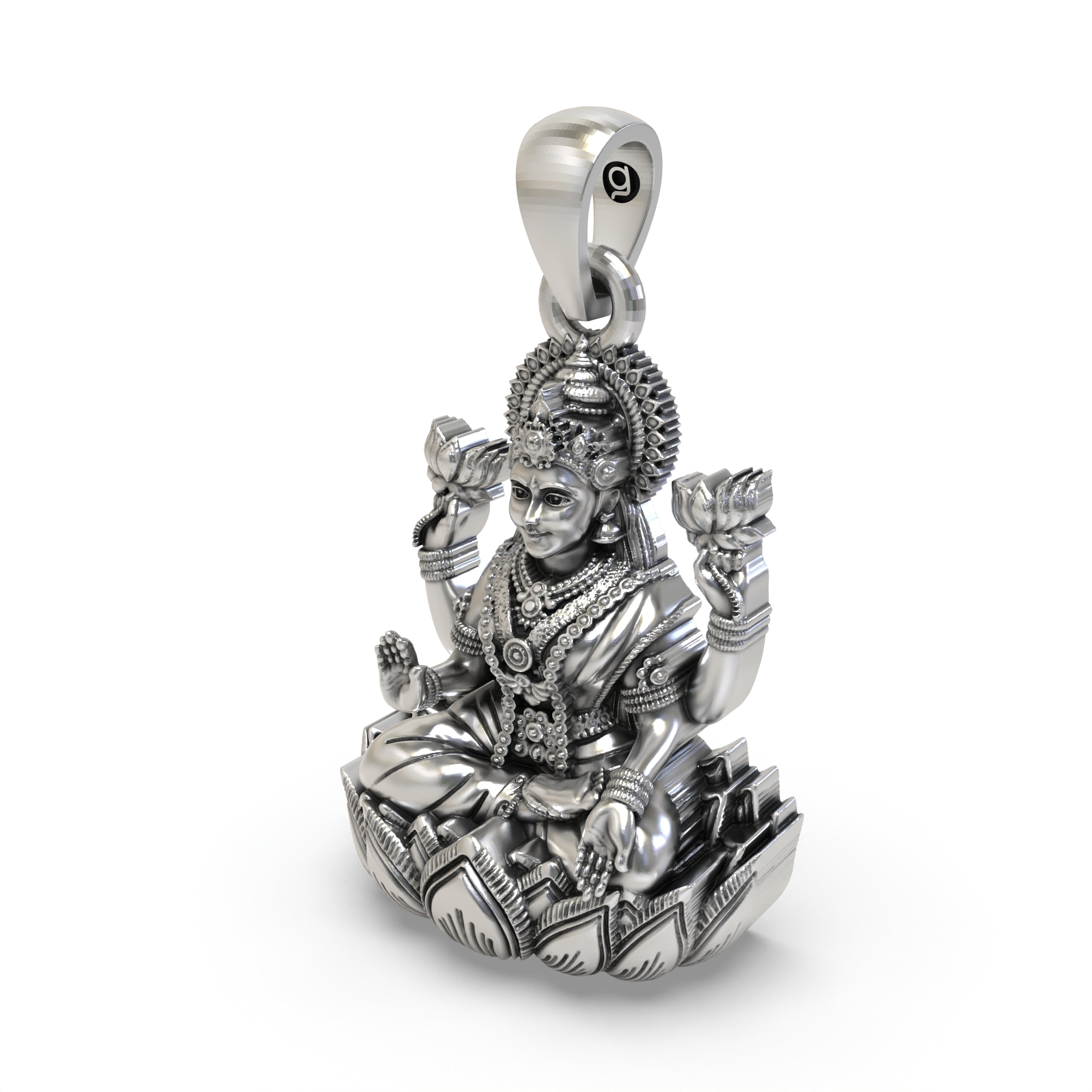 Detailed finish of the 925 silver Goddess Mahalakshmi pendant showing intricate craftsmanship.