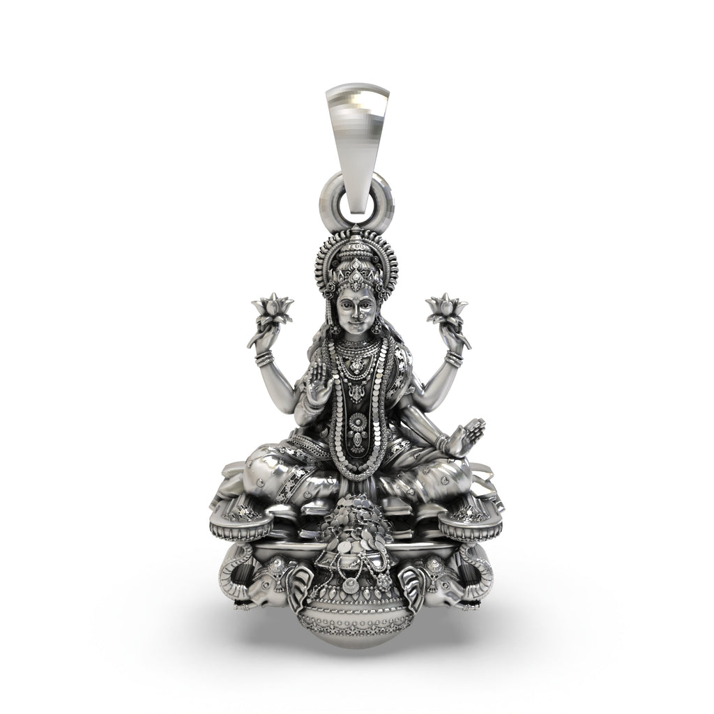 Front view of the 925 Sterling Silver Gajalakshmi Pendant featuring Mahalakshmi on a lotus.
