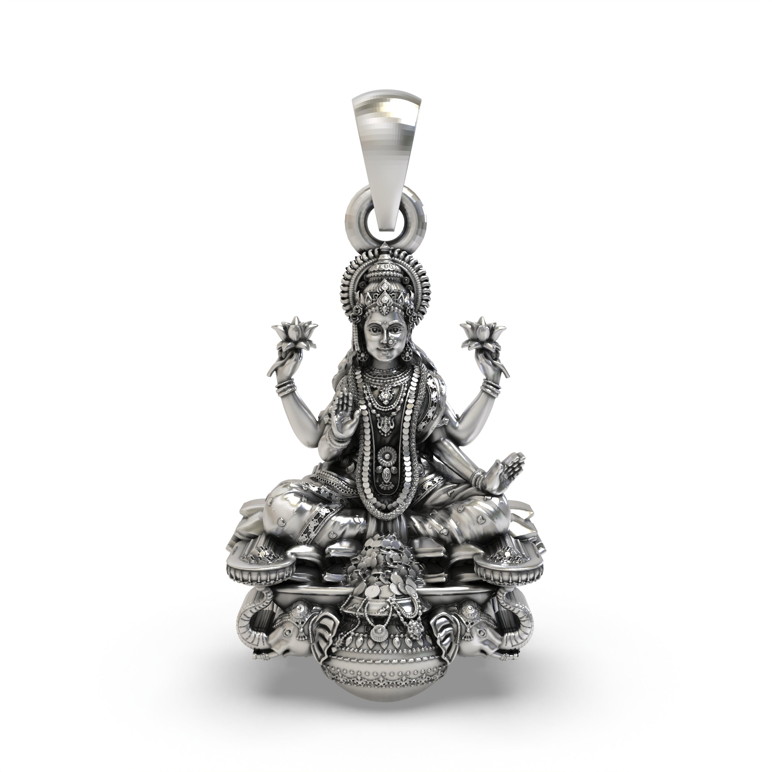 Front view of the 925 Sterling Silver Gajalakshmi Pendant featuring Mahalakshmi on a lotus.
