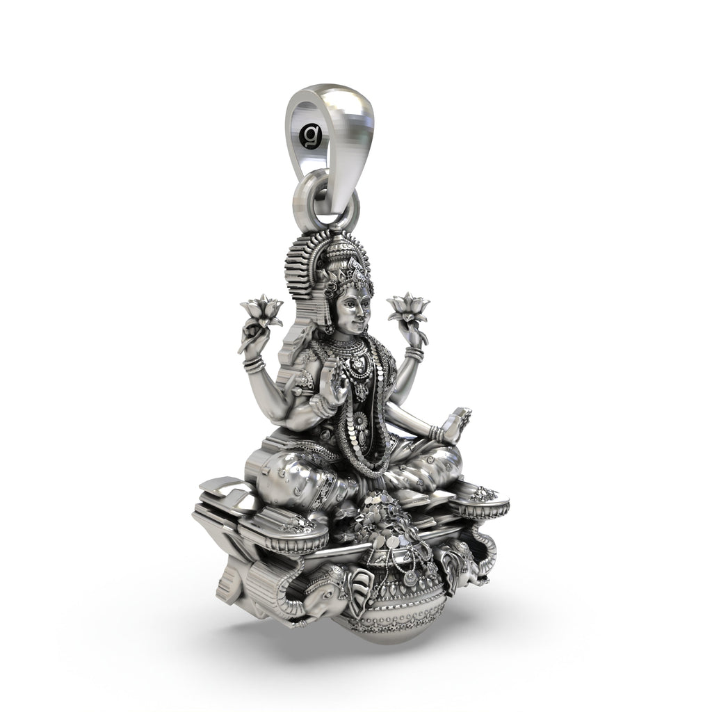 Side profile of the handmade silver Goddess Mahalakshmi temple jewellery pendant by Alankar.