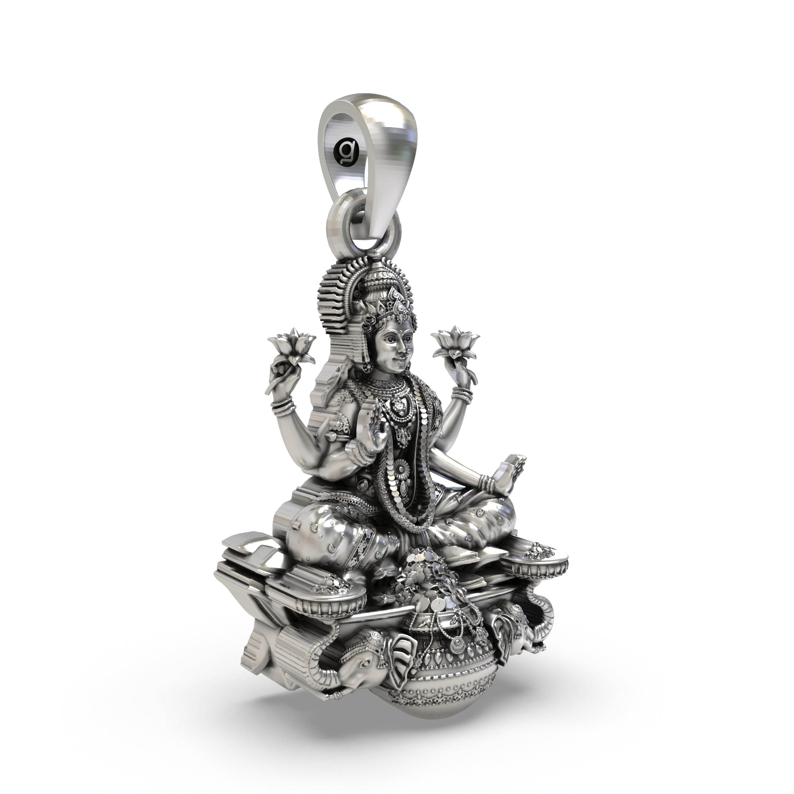 Side profile of the handmade silver Goddess Mahalakshmi temple jewellery pendant by Alankar.