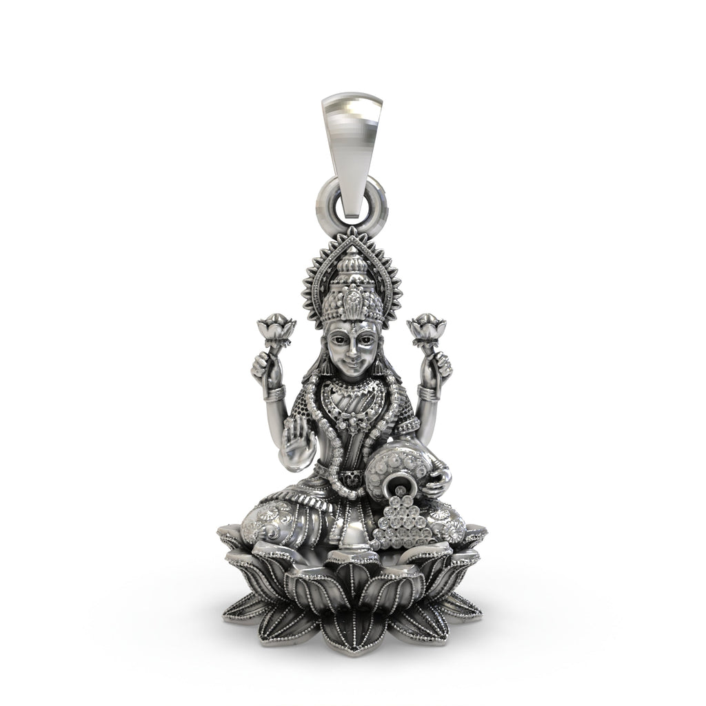 Front view of 925 Sterling Silver Mahalakshmi Pendant featuring intricate temple jewellery craftsmanship.