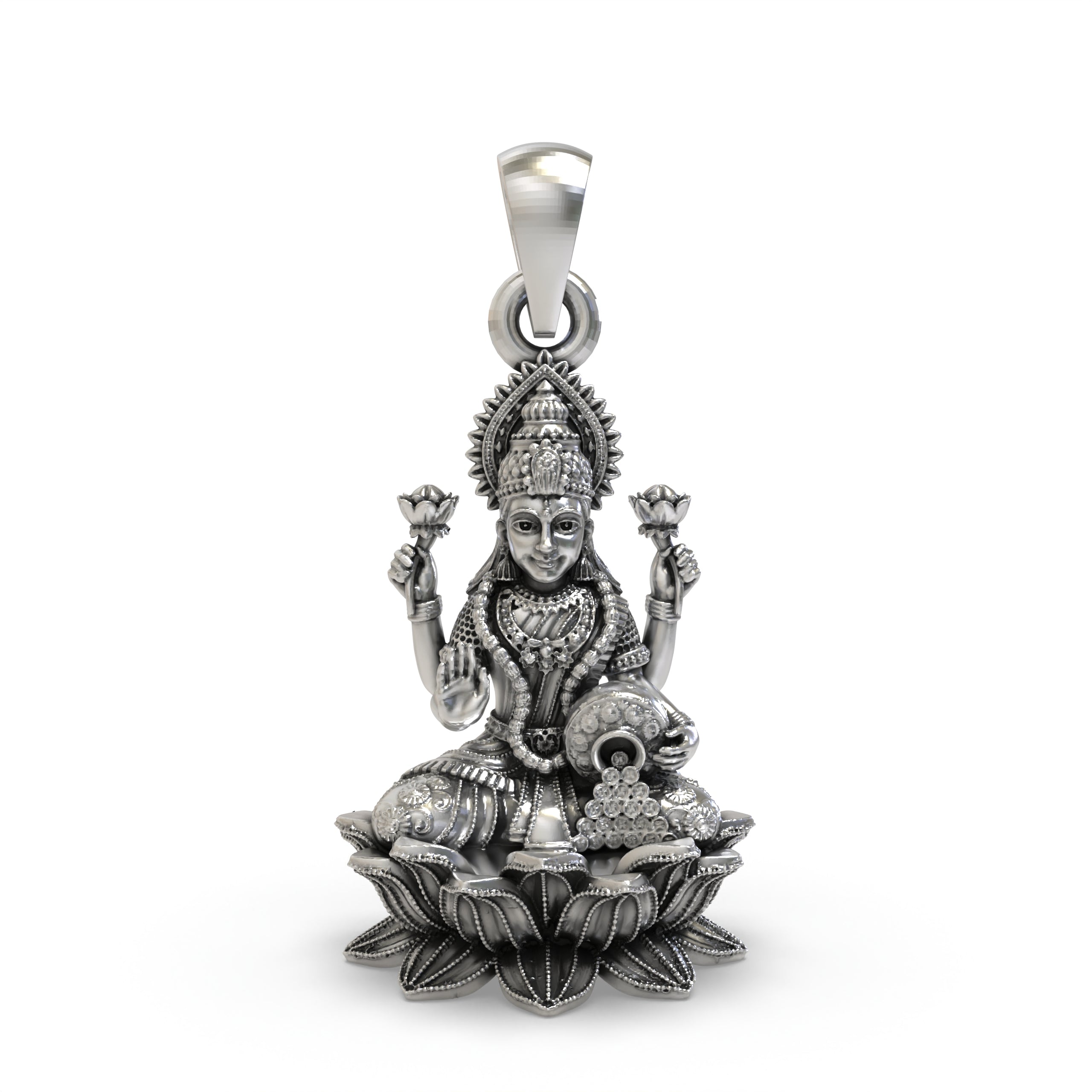 Front view of 925 Sterling Silver Mahalakshmi Pendant featuring intricate temple jewellery craftsmanship.