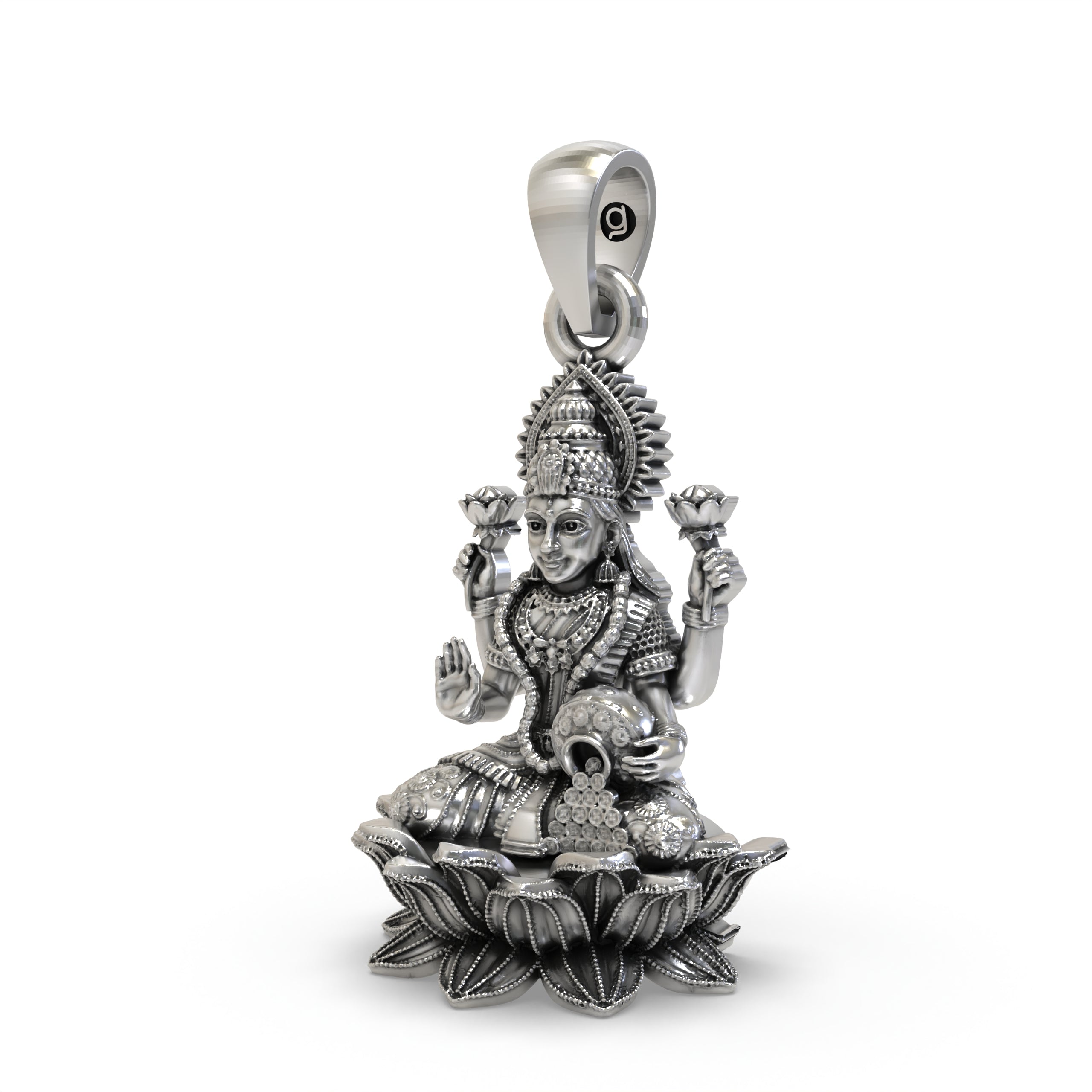Close-up of the silver Lakshmi pendant showing Goddess Mahalakshmi on a lotus with blessing mudra.