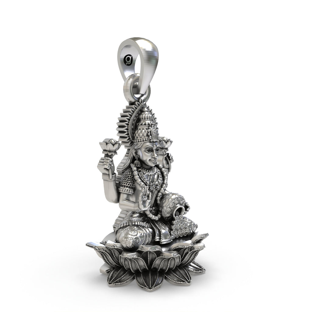 Detailed angled view of the 925 silver Lakshmi coin pot pendant highlighting authentic Indian artistry.