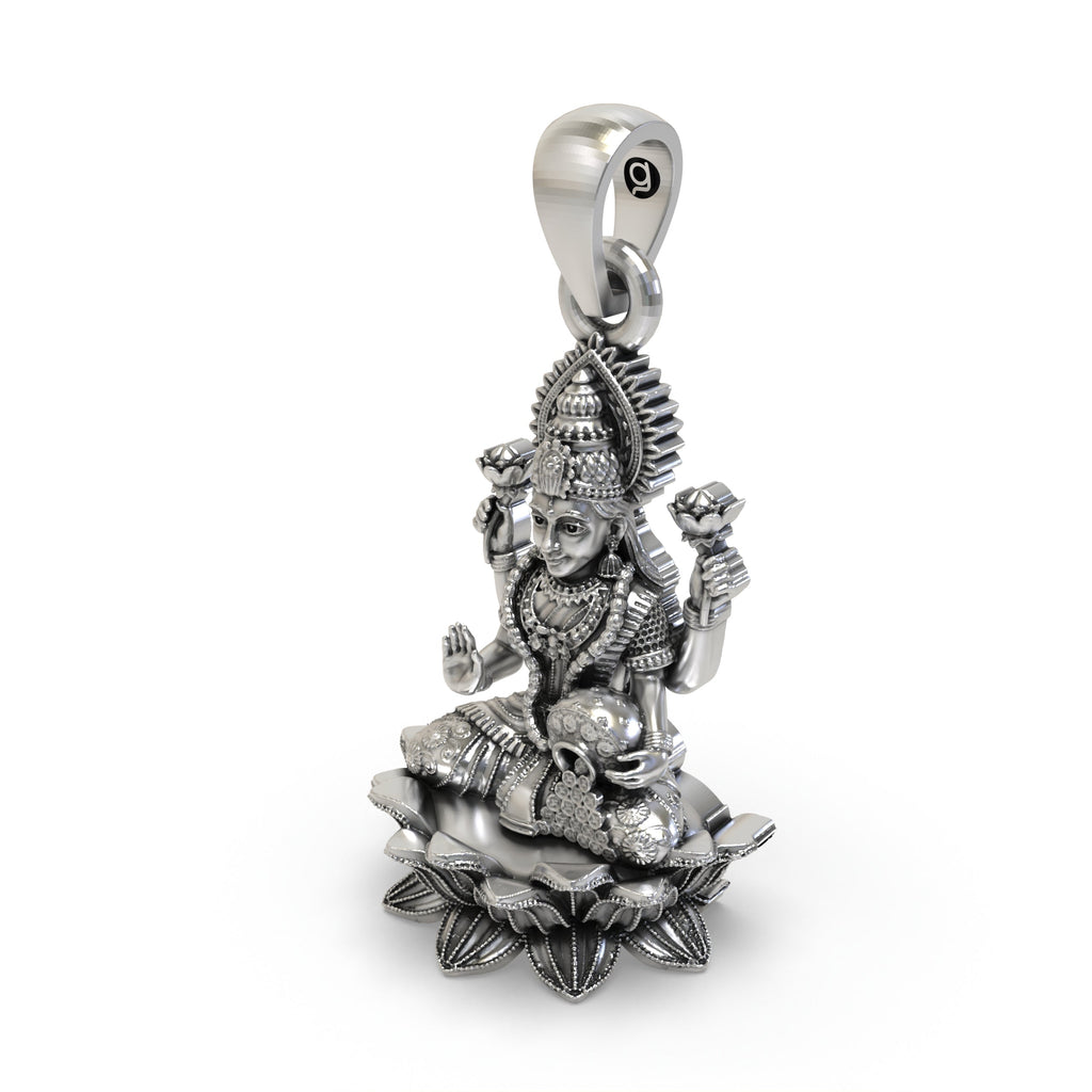 Beautifully handcrafted Mahalakshmi temple jewellery pendant in 925 sterling silver for festive wear.