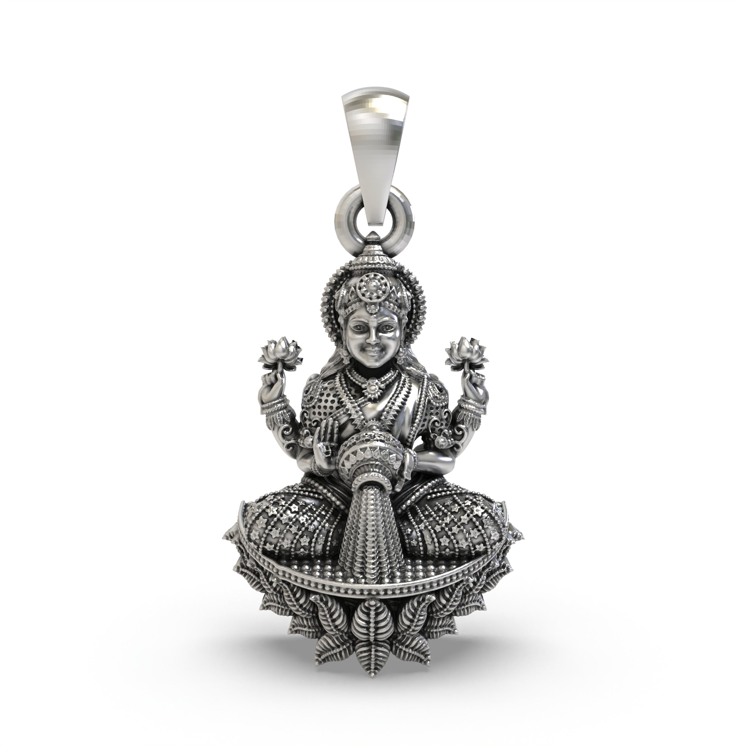 Front view of the 925 silver Goddess Lakshmi pendant showing intricate handmade details and divine blessings. Main image