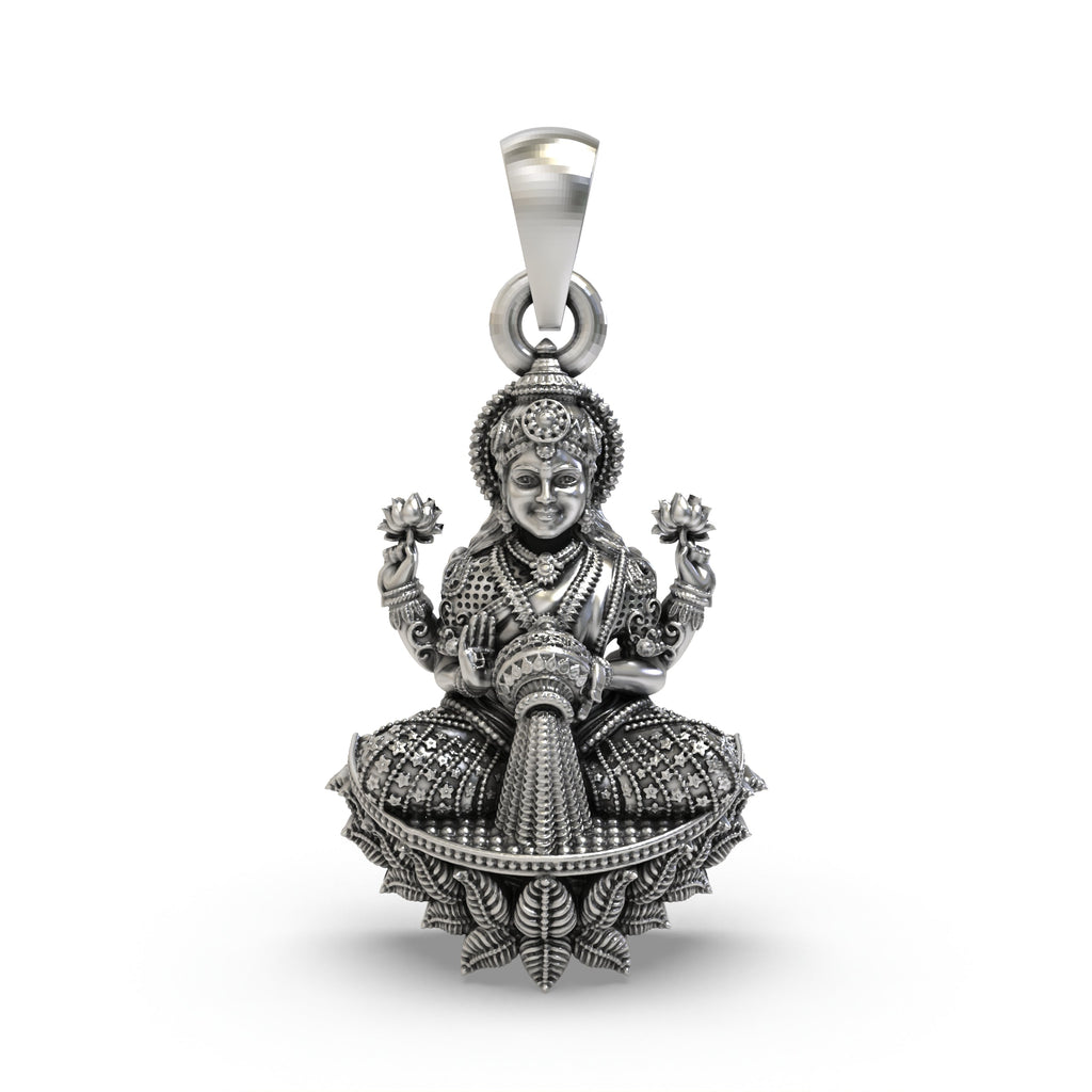 Front view of the 925 silver Goddess Lakshmi pendant showing intricate handmade details and divine blessings.