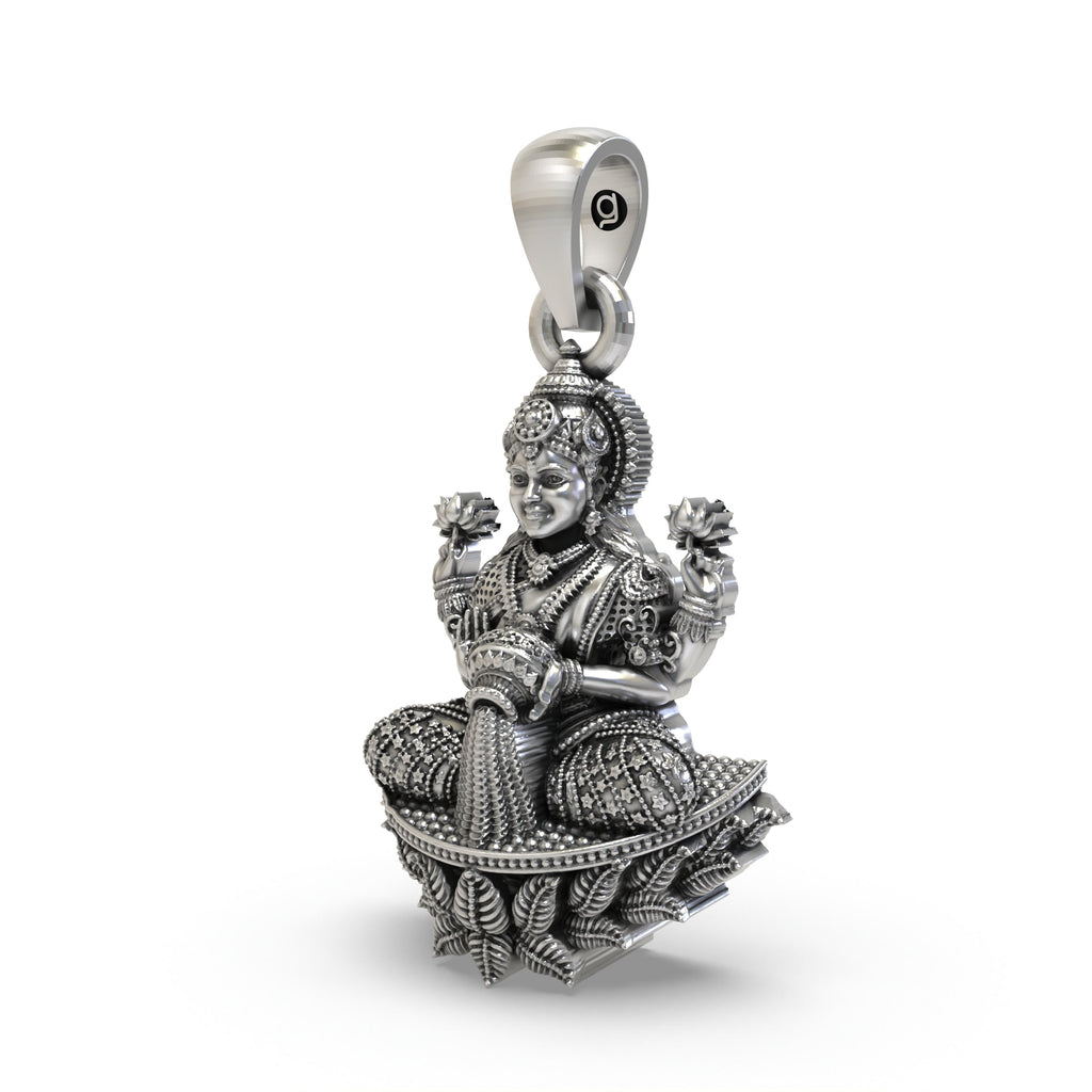 Close-up of the pure hallmarked silver Mahalaxmi lotus jewelry piece highlighting traditional craftsmanship.
