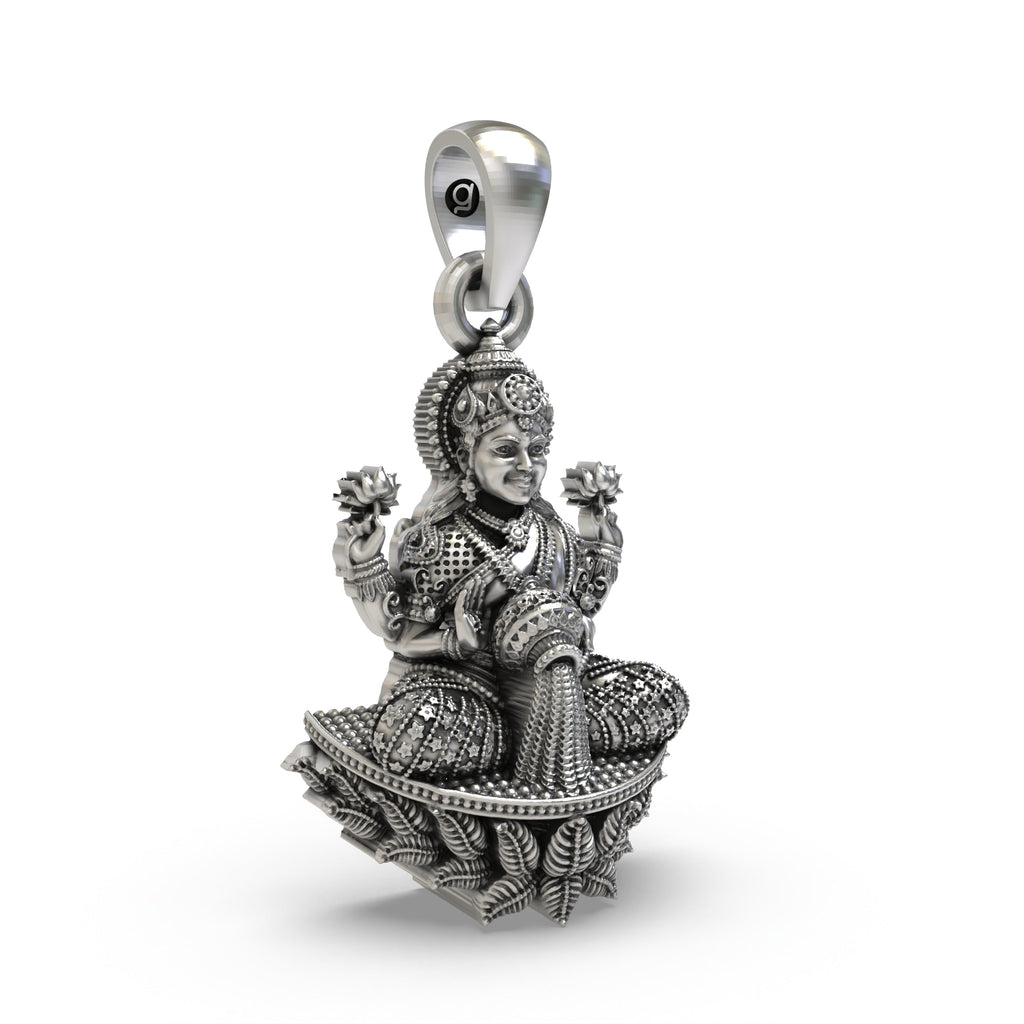 Angled side profile of the lightweight 925 sterling silver Goddess Lakshmi spiritual charm pendant.