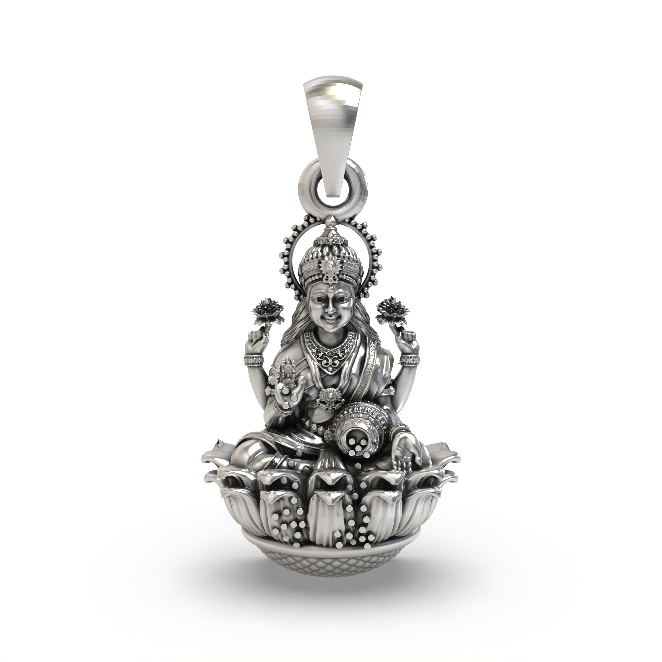 Front view of the 925 Silver Lakshmi Devi Pendant showcasing intricate handcrafted detailing. Main image