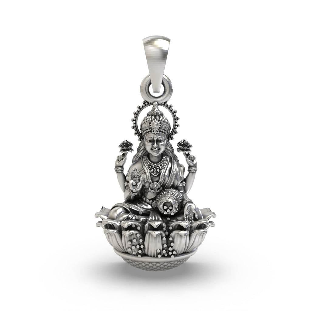 Front view of the 925 Silver Lakshmi Devi Pendant showcasing intricate handcrafted detailing.