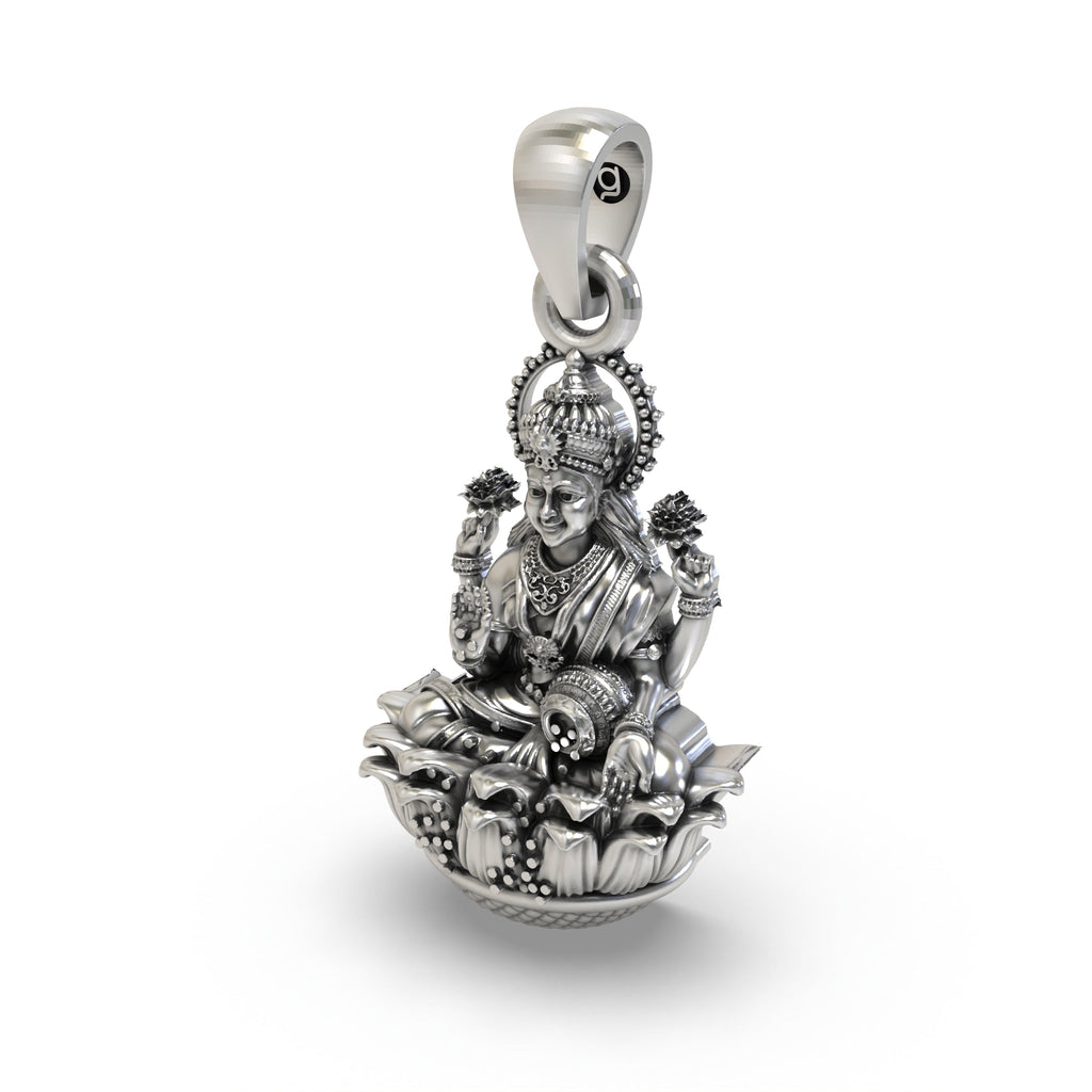 Angled view of the handmade 925 Silver Lakshmi Devi Pendant, perfect for festive rituals and wear.