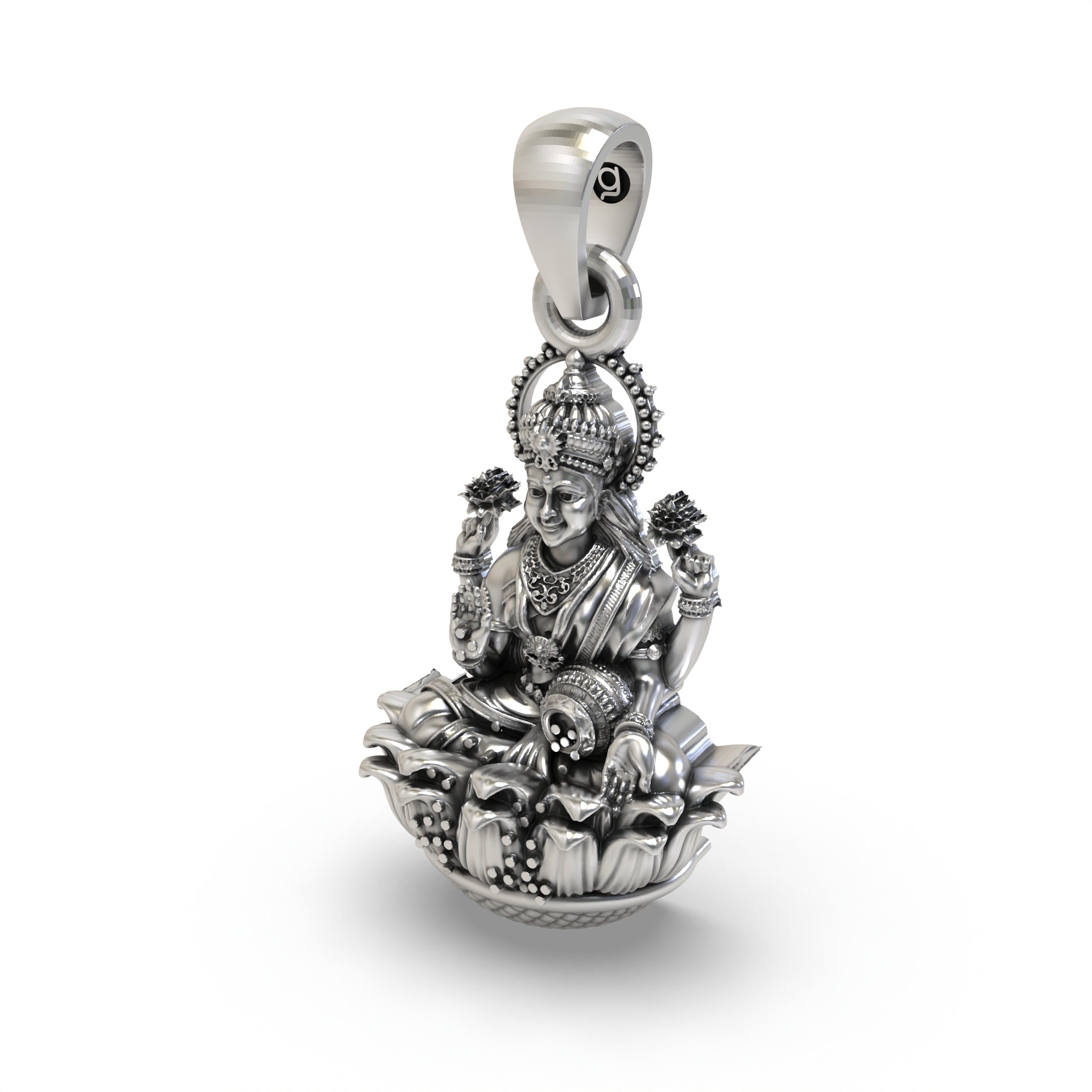 Angled view of the handmade 925 Silver Lakshmi Devi Pendant, perfect for festive rituals and wear.