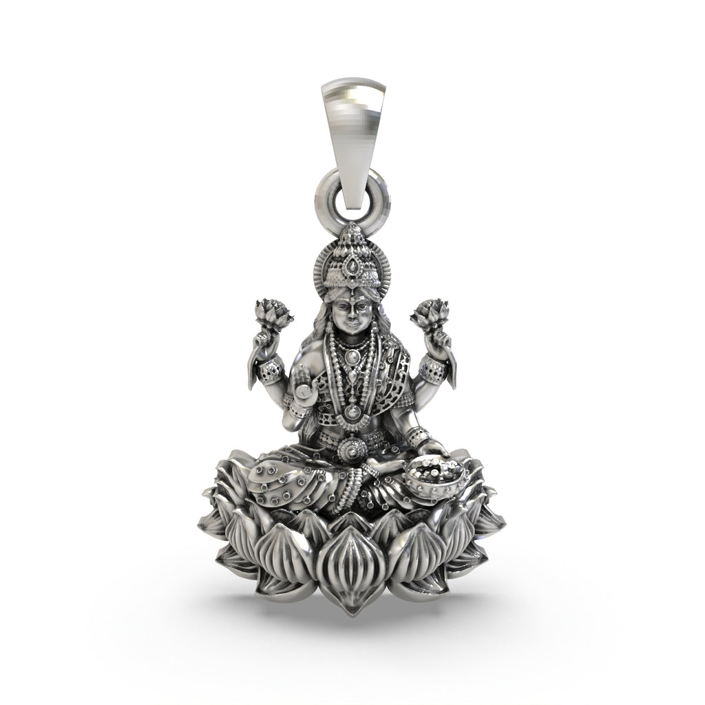 Front view of the 925 Silver Lakshmi Mata Pendant showing detailed craftsmanship and Goddess seated on a lotus.