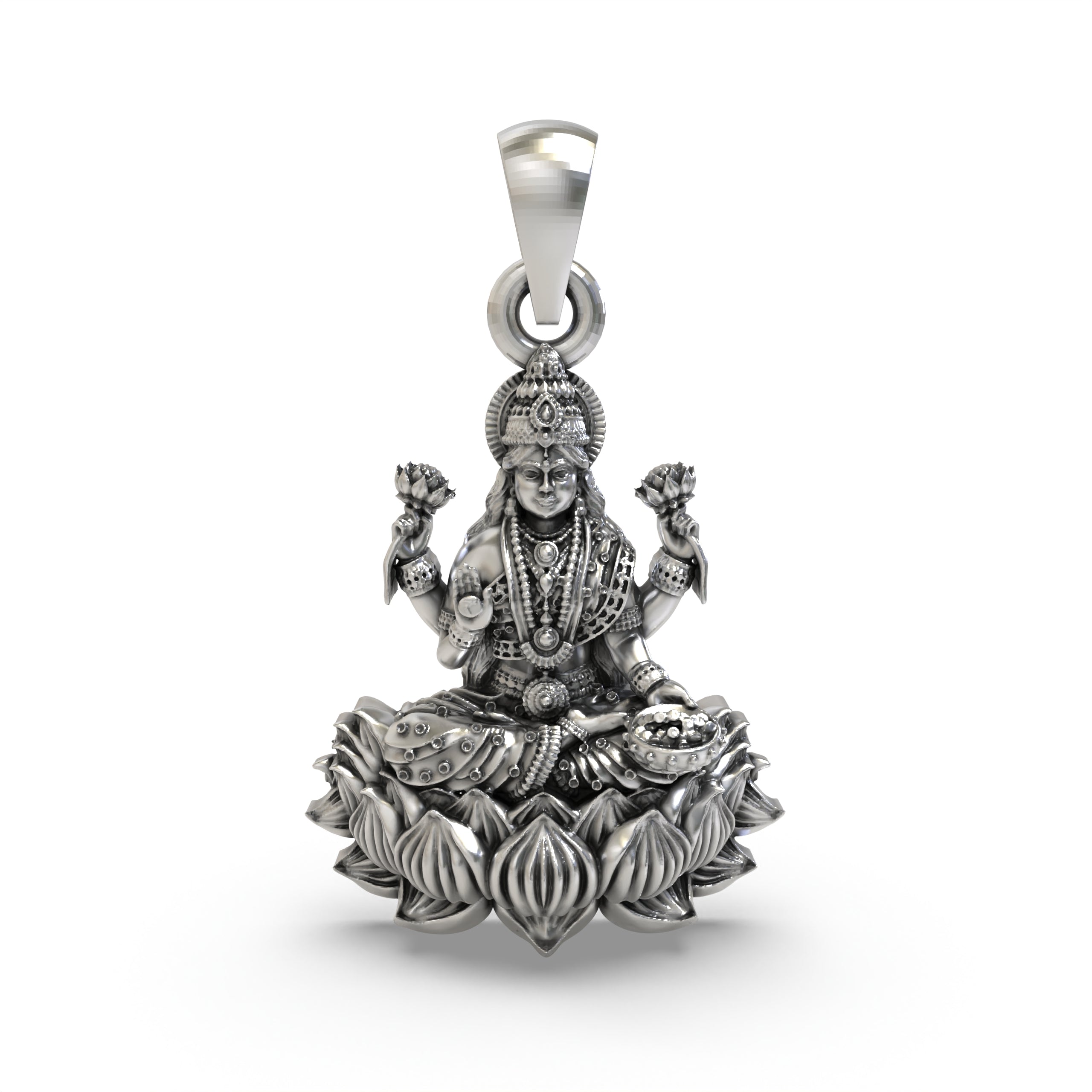 Front view of the 925 Silver Lakshmi Mata Pendant showing detailed craftsmanship and Goddess seated on a lotus.
