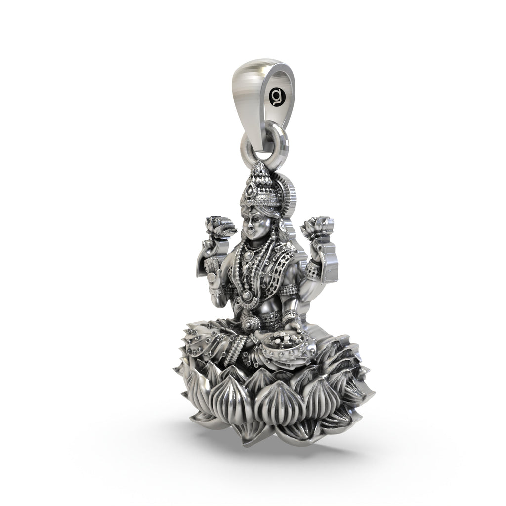 Close-up detail of the handmade 925 Sterling Silver Goddess Lakshmi locket highlighting the pure silver finish.