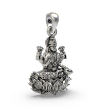 Side angle of the lightweight hallmarked silver Hindu spiritual Lakshmi pendant for daily wear and devotion.