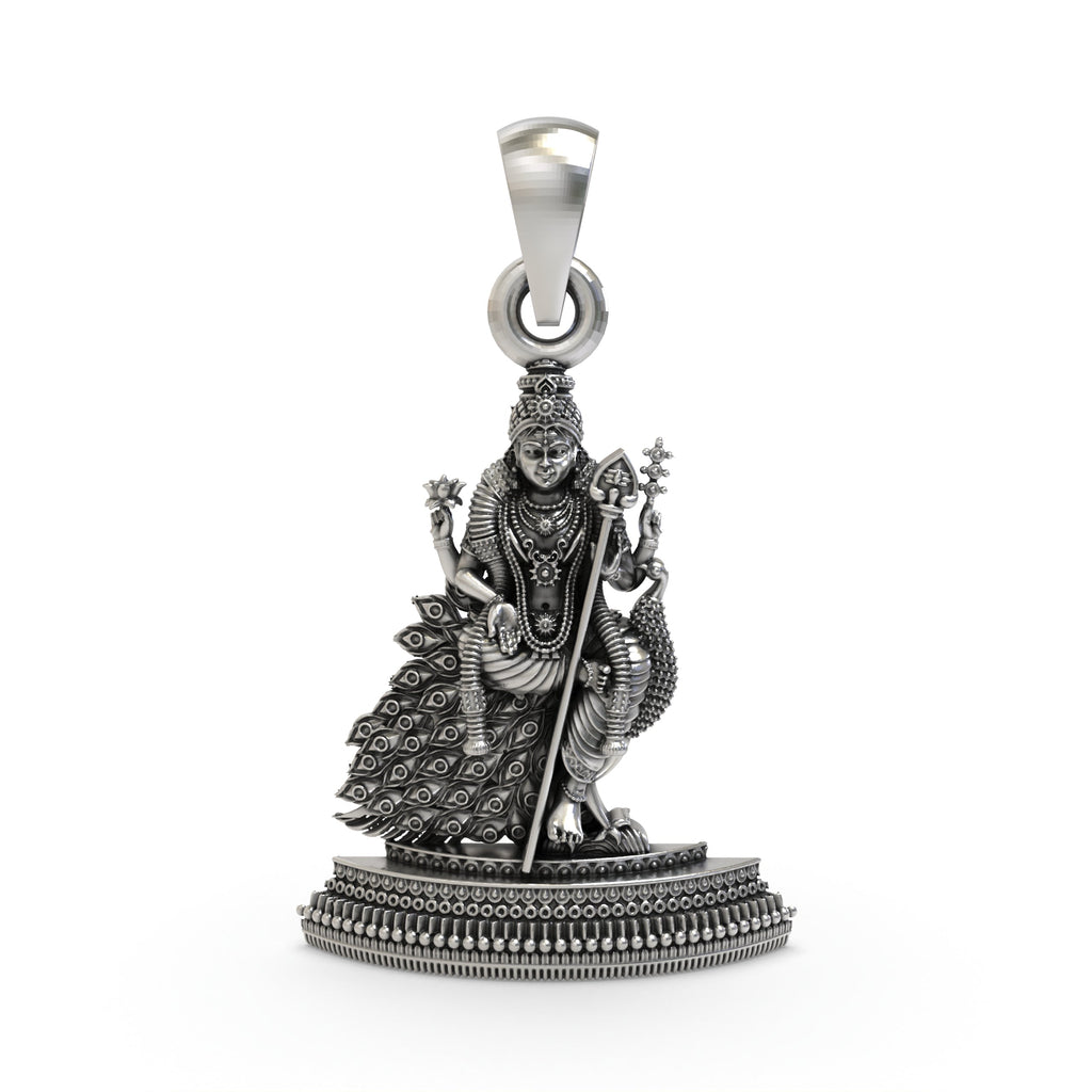Front view of the 925 Silver Murugan Pendant showing Lord Kartikeya seated gracefully on his divine peacock.