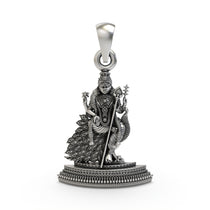 Front view of the 925 Silver Murugan Pendant showing Lord Kartikeya seated gracefully on his divine peacock.
