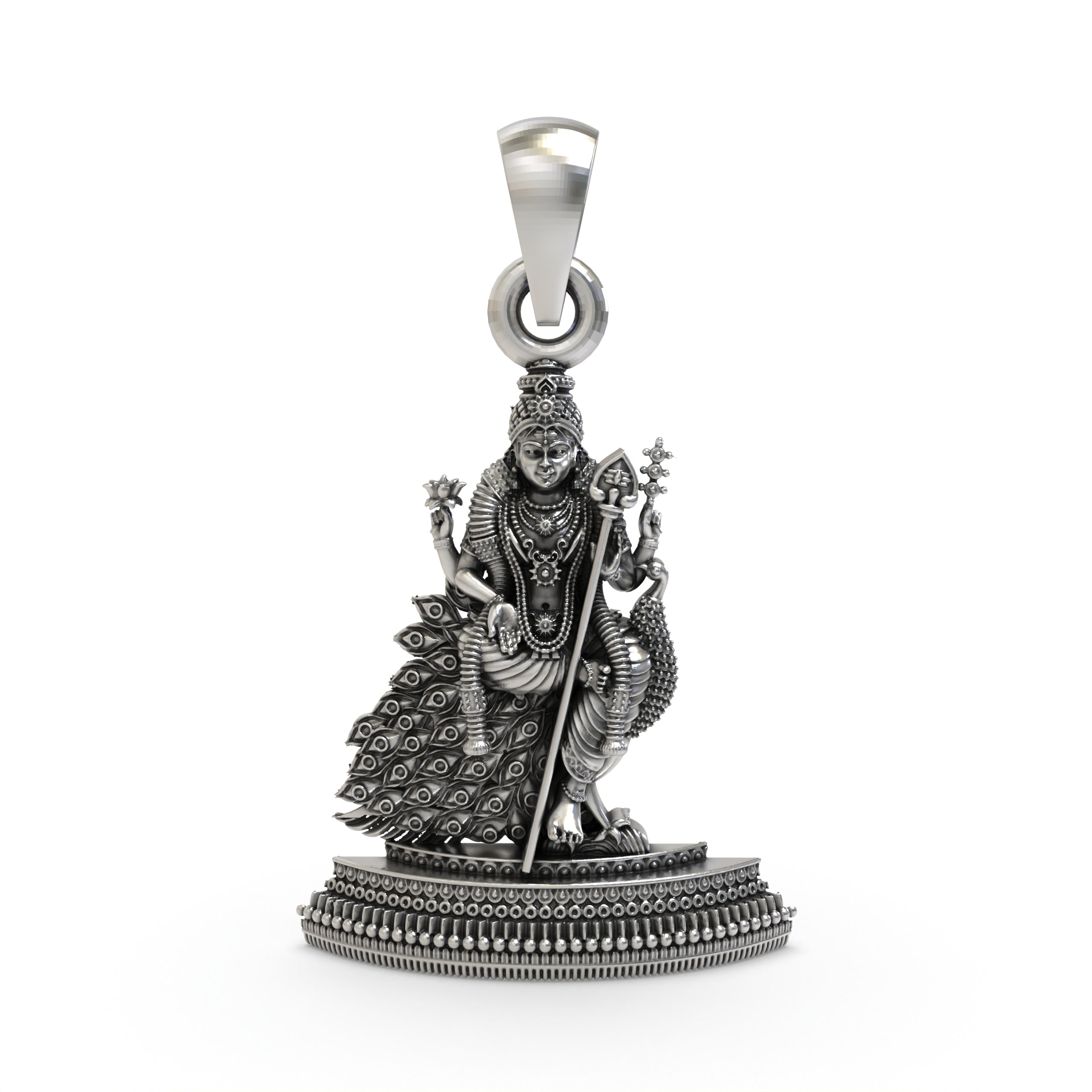 Front view of the 925 Silver Murugan Pendant showing Lord Kartikeya seated gracefully on his divine peacock.
