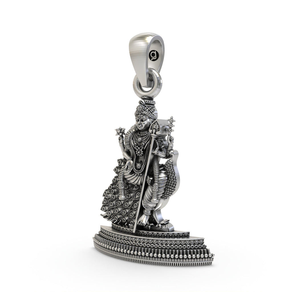 Close-up detail of the handmade sterling silver Murugan pendant highlighting intricate traditional craftsmanship.