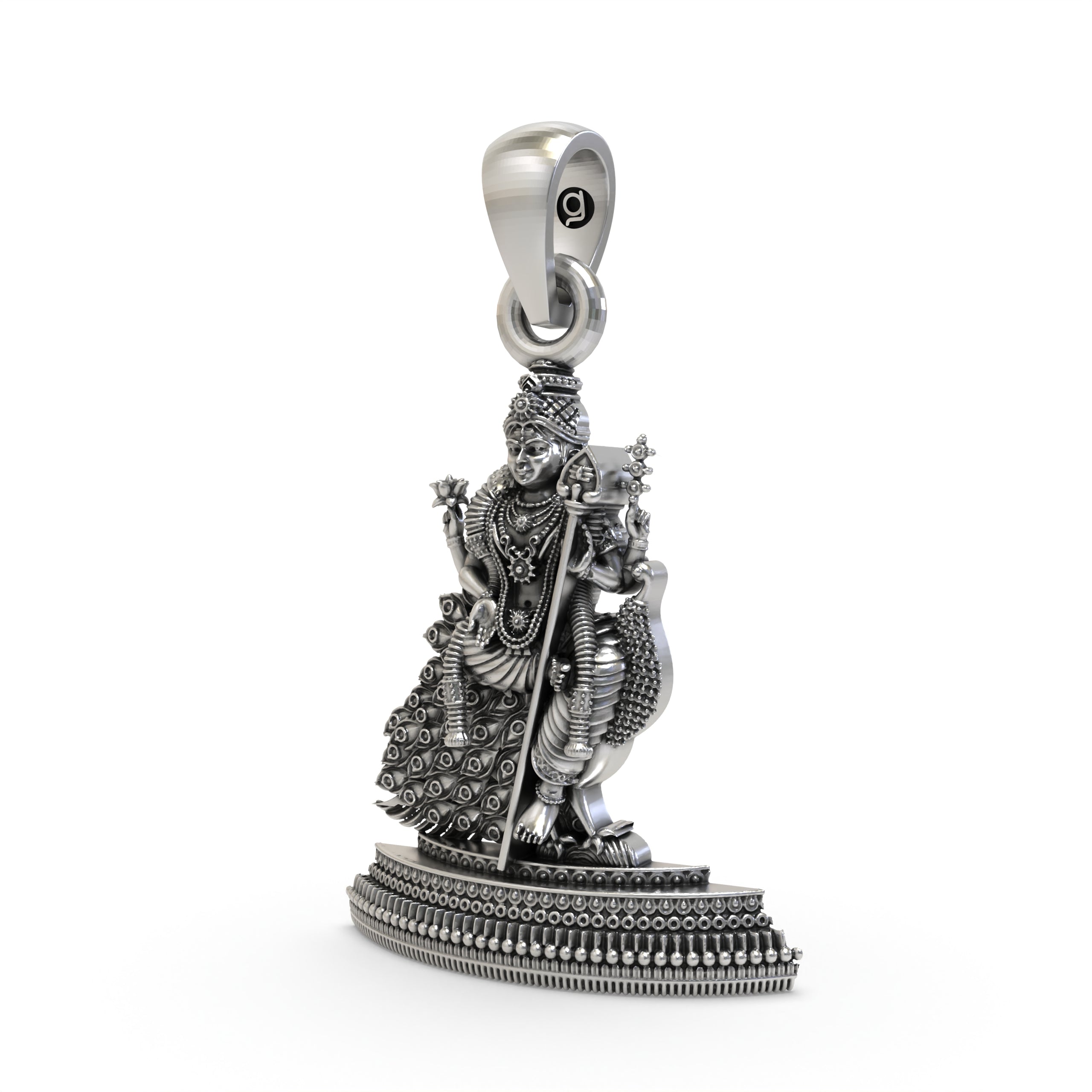 Close-up detail of the handmade sterling silver Murugan pendant highlighting intricate traditional craftsmanship.